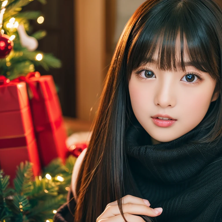An ultra-high picture quality、Perfect Photo、japanes、japanese beauty girl、1３age、large mouth、Black turtleneck sweater、christmas indoor、A dark-haired、thick lips、