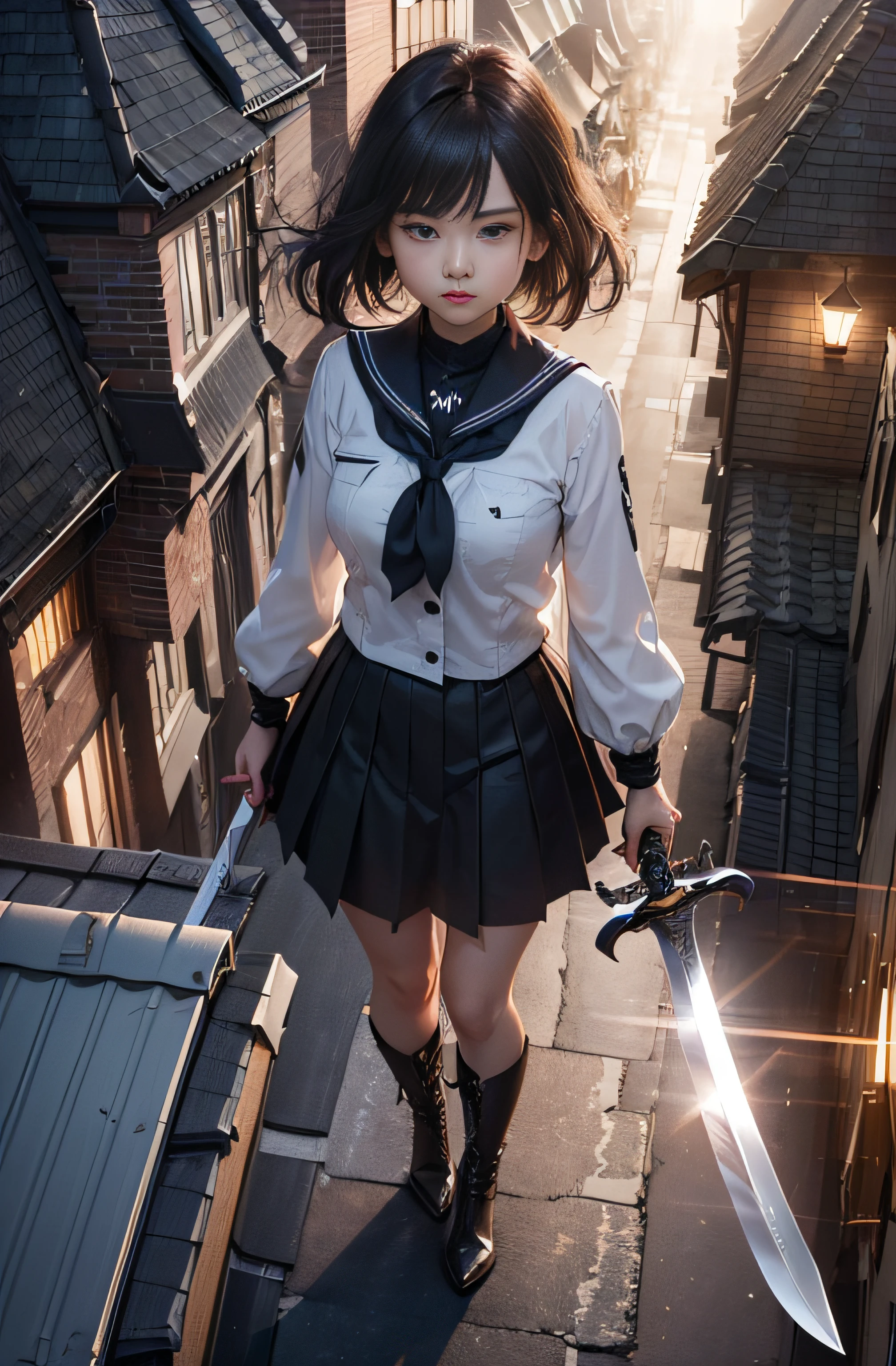 (((RAW image quality:1.4)))、8K分辨率、(Official art、Best Quality、Unity 8k Wallpapers、32K、masterpiece、ultra-detailliert、超A high resolution、realisitic、Photorealsitic:1.2)、(Cinematic lighting:1.2)、Fireglow effect、The grainiest shadow of the film、Rim lighting、side lights、sideshot、(Ultra-detailed and complex 3D rendering)、Detailed beautiful face and eyes、Sharp pupils、Realistic pupils、A slender、1Man Woman、Medium bust、(Full body:1.2)、 Highly detailed background、beauitful face、16-year-old beautiful girl、(super detailed skin、detailed skin textures:1.3)、Black hair、bluntbangs、a sailor suit、pleatedskirt、Black stockings、(thighs thighs thighs thighs:0.8)、Black boots、(City at night、On the roof of a building:1.4)、((holding a long sword:1.3))、(Looking away、overlooking a city:1.Lucy'S