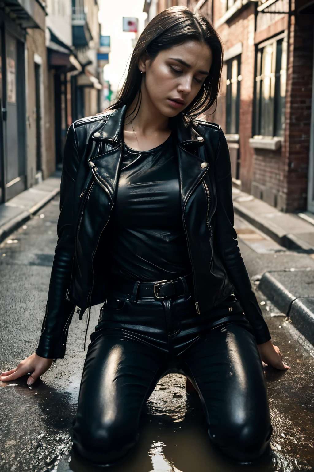 The woman, Seductively posing in an alley. She is wearing a blouse, dark jeans with flared legs, which are soaked in oil, giving them a heavy and slippery appearance. The woman is also wearing a leather jacket, which is also oiled, which adds weight and density to the scene.
A woman's facial expression expresses humiliation and submission. She looks down at her oiled clothes, It's as if she's accepting her fate. Her clothes are so covered in oil, that it's starting to run down your legs and run down the ground, creating a sense of helplessness and vulnerability.
The lighting in the scene is dramatic, with a single light source, casting shadows and giving the impression of darkness and mystery. Colors are muted and dull, reflecting the woman's state of mind and her sense of despair. The whole scene exudes a sense of hopelessness and resignation, As a woman, seem, Trapped, from which she can't get out.