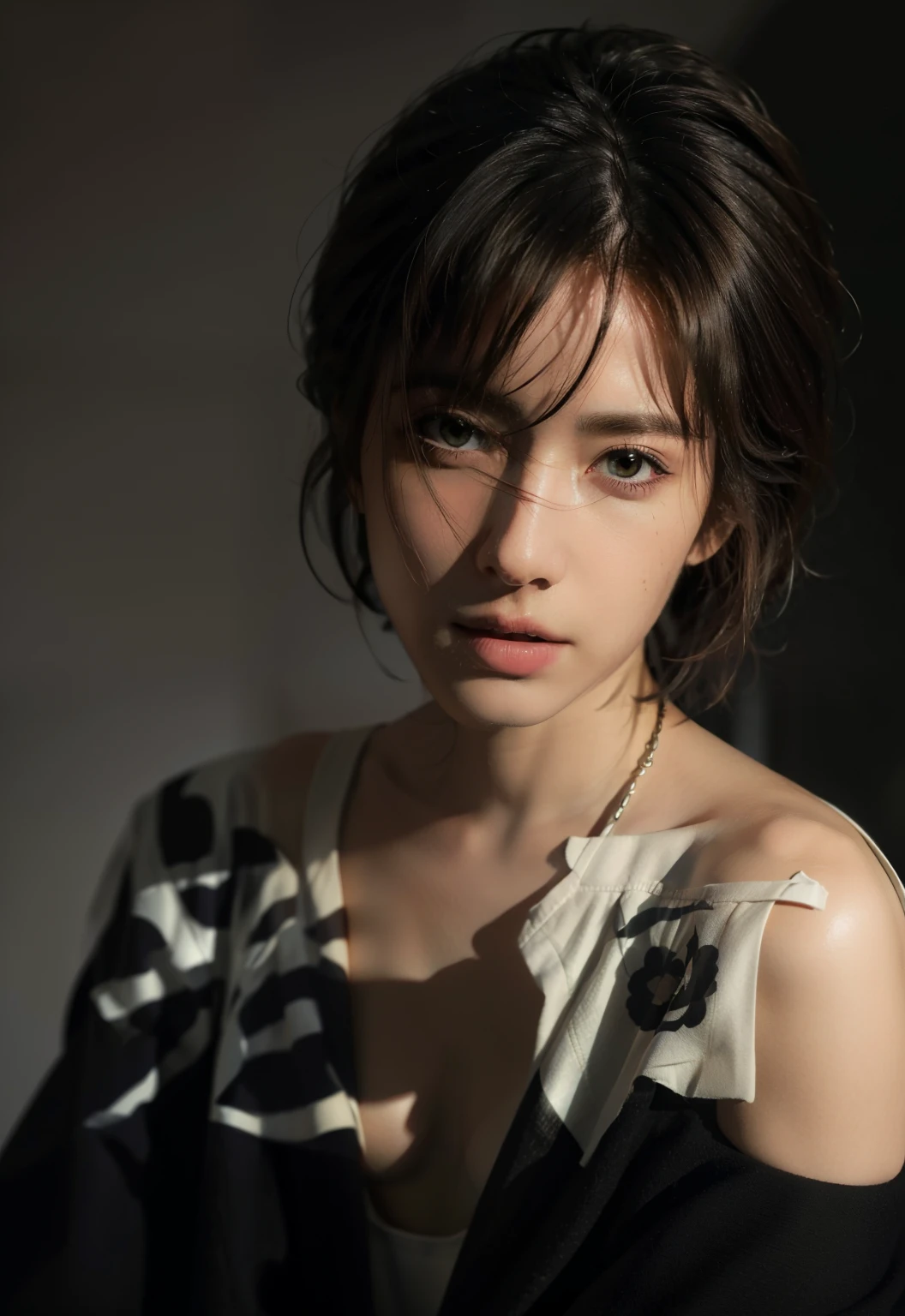Best quality, masterpiece, ultra high res, (photorealistic:1.5), raw photo, 1girl, offshoulder, in the dark, deep shadow, low key, cold light, sexy look, short hair