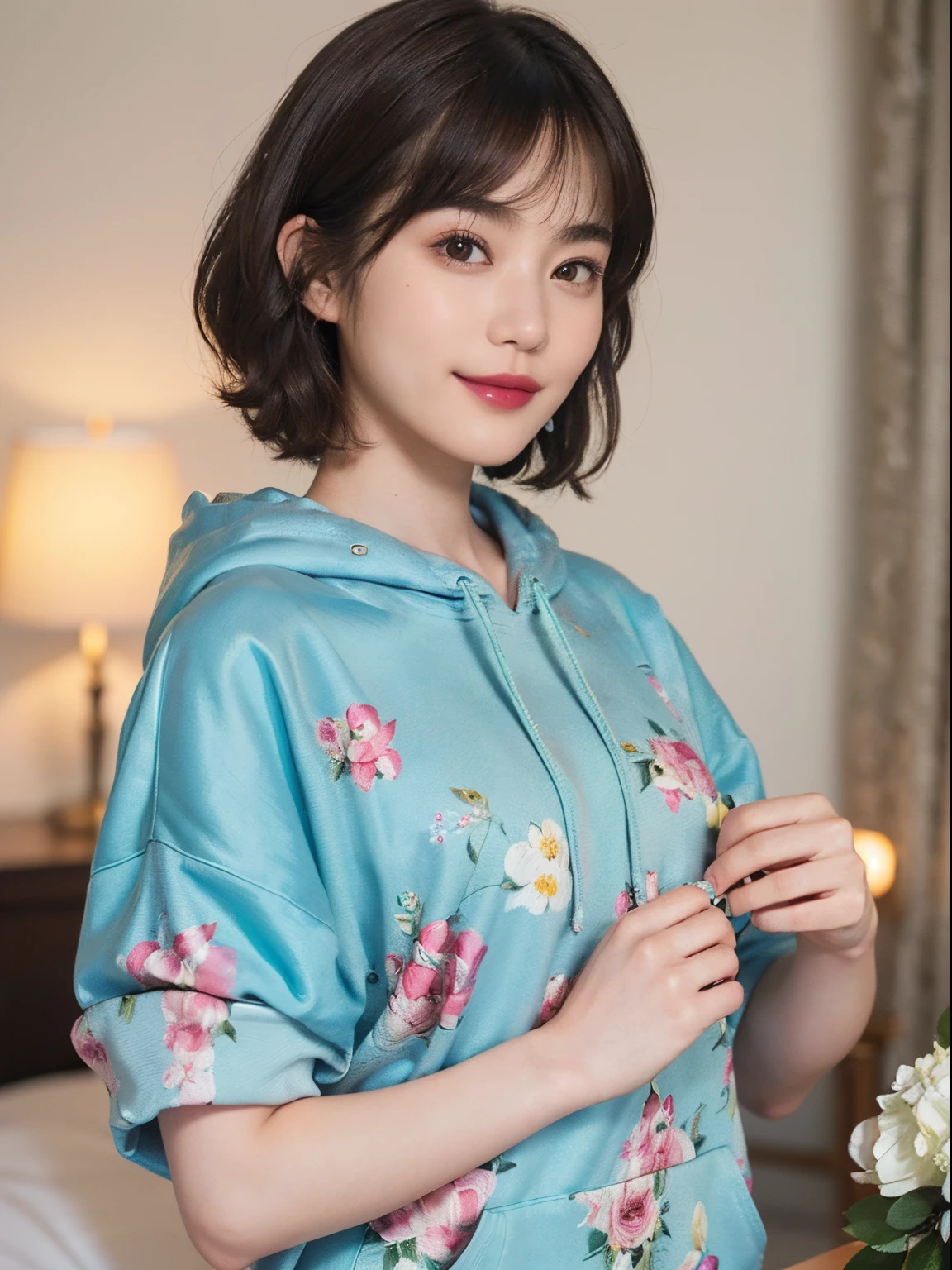132
(a 20 yo woman,Wearing sportswear), (A hyper-realistic), (high-level image quality), ((beautiful hairstyle 46)), ((short-hair:1.46)), (Gentle smile), (brest:1.46), (lipsticks), (florals), (Large room), (florals), (wearing hoodies)
