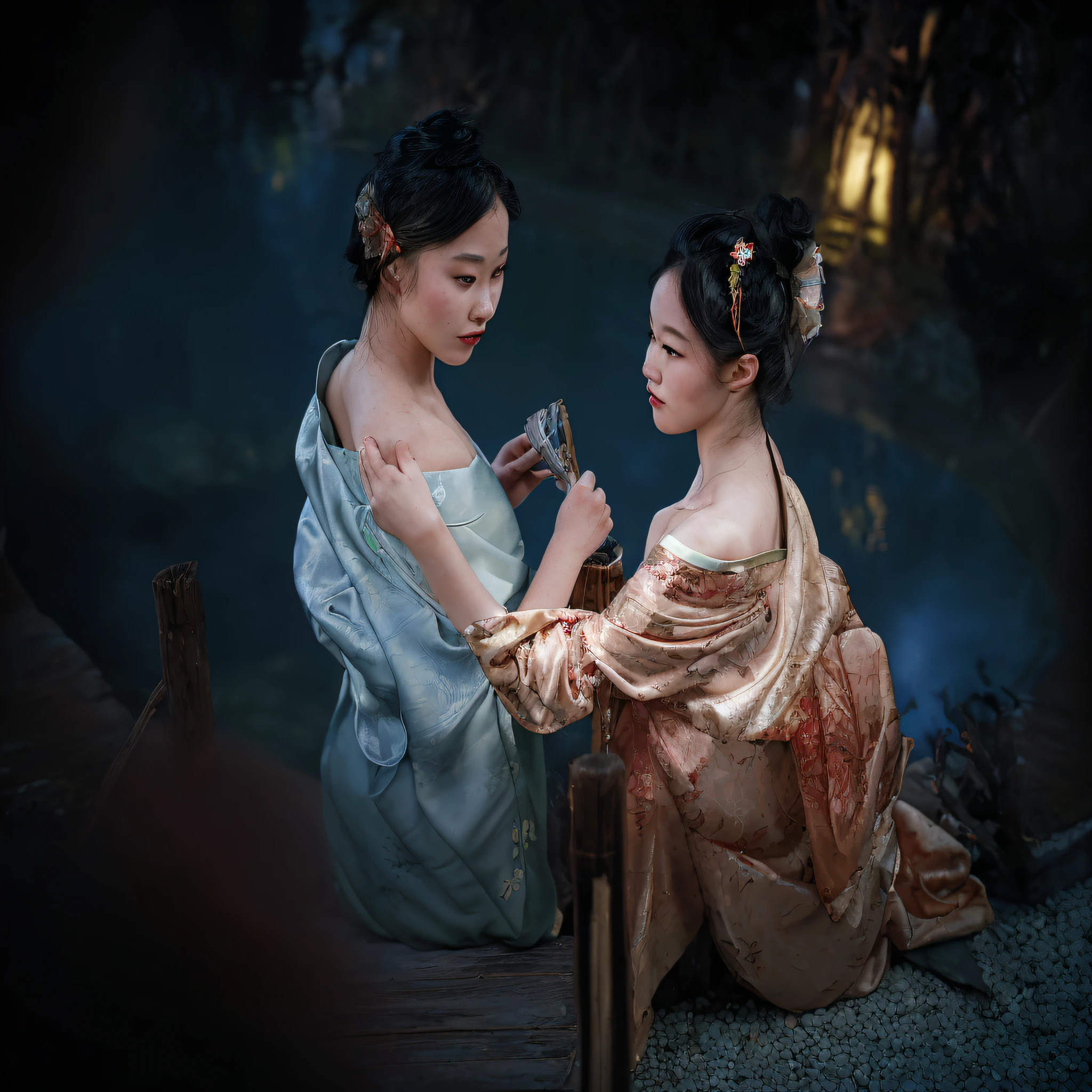 Two beauties,Dress,pond side,Backlit illumination