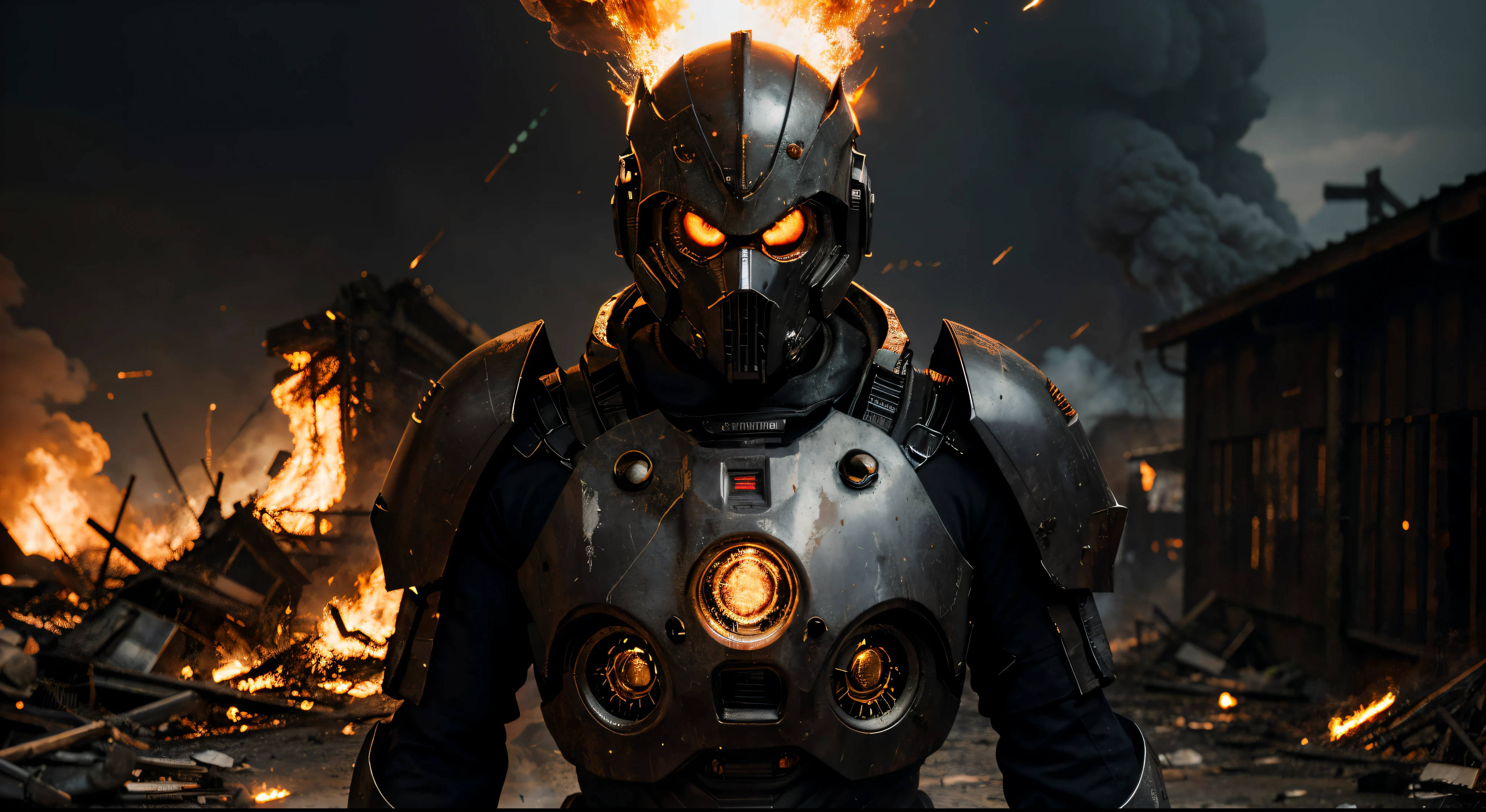 best quality,4K,8K,Hohe Strukturen,Meisterwerk:1.2),Hyper-Detaillierung,(realistischerweise,fotorealistisch, Filmplakat, filmische Perspektive, Kizi, with white hair, Pretty, Urgot, Liga der Legenden, Cyborg-Maschine, Tarnung im Gesicht, Black Metal, Leuchtende Augen, Science-Fiction, Schulterpolster, Mech-Anzug, upper body, Apokalyptischer Hintergrund, Apokalypse, Funken, Flammen, Rauch, Feuer Hintergrund, Explosionen, hell, tankt, Armeen von Monstern,