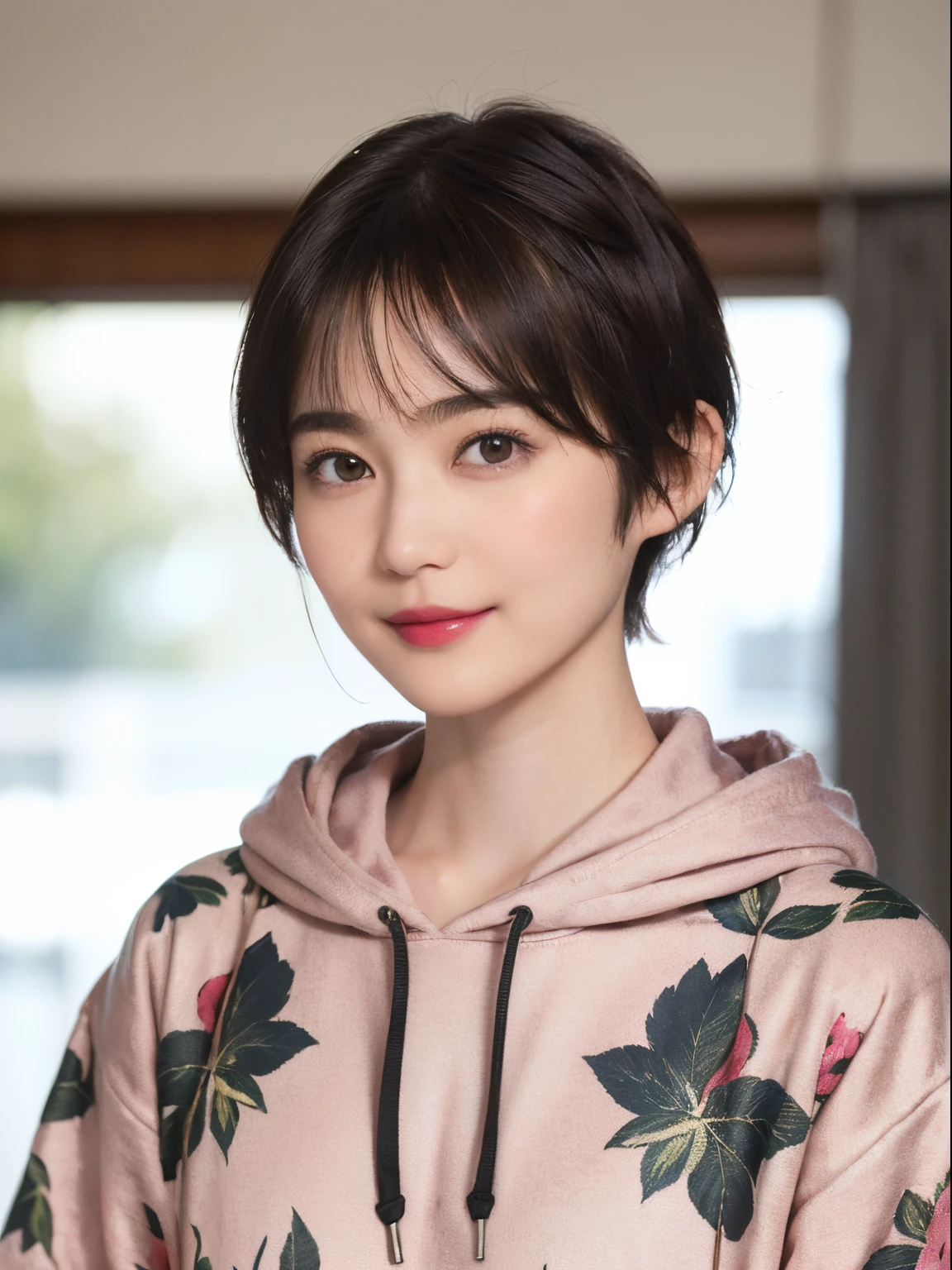 132
(a 20 yo woman,Wearing sportswear), (A hyper-realistic), (high-level image quality), ((beautiful hairstyle 46)), ((short-hair:1.46)), (Gentle smile), (brest:1.46), (lipsticks), (florals), (Large room), (florals), (wearing hoodies)