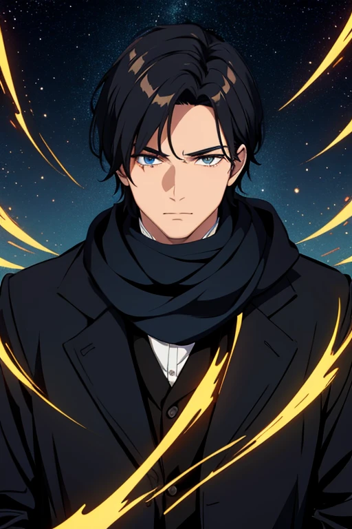 (masterpiece:1.2), 1boy, mafia theme, 1900, mafia man, scarf, solo, looking at viewer, Upper body, sky, Best quality, upper brush scheme, dreamy, mystic, Fog, Electric, Electricity, sparks, lensflare,