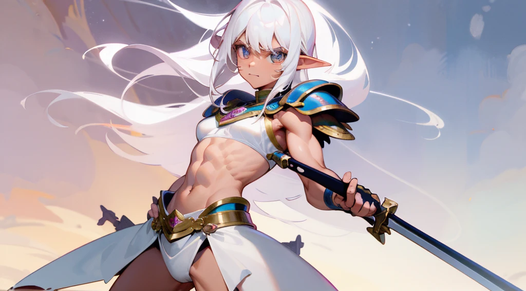 Super quality，tmasterpiece，White hair, Brown skinned elf boy，Wearing waist-baring armor，??????，Feminine face，Muscle tissue，Abs，Holding a long sword，facing at the camera, His cheeks flushed slightly，delicated face，Elaborate Eyes，Delicate mouth，japan manga style，Flat，wider waist