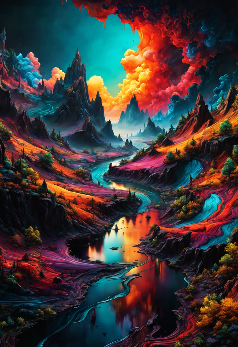 man, landscape, Abstract Liquid Colors from the dark, ultra hd, realistic, vivid colors, highly detailed, UHD drawing, pen and ink, perfect composition, beautiful detailed intricate insanely detailed octane render trending on artstation, 8k artistic photography, photorealistic concept art, soft natural volumetric cinematic perfect light
