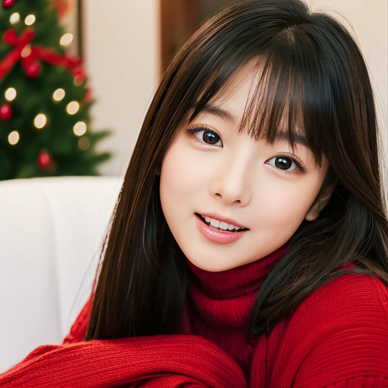 An ultra-high picture quality、Perfect Photo、japanes、japanese beauty girl、1３age、Forehead、large mouth、Black turtleneck sweater、christmas indoor、A dark-haired、thick lips、