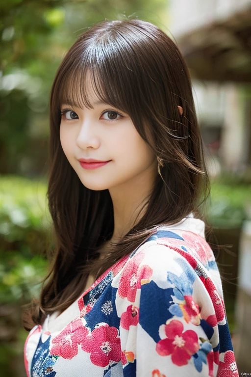 masutepiece, Yukata、Best Quality, Illustration, Ultra-detailed, finely detail, hight resolution, 8K Wallpaper, Perfect dynamic composition, Beautiful detailed eyes, full body Esbian、standing by the tree、knit,Medium Hair,Natural Color Lip, Bold sexy poses,Smile,Harajuku、20 years girl、Cute、Sexy shot looking at camera、C Cup、Brown hair、cacique#39;s face