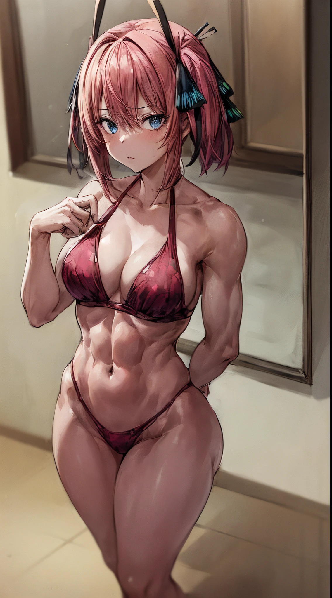(((1girl))), alone, Nino Nakano, pink hair, butterfly hair ornament, {{{very short and sexy bikini}}}, big breasts, standing, (in a motel room), reflection eyes, bright eyes, dark blue eyes, bad mood, big butt, soft butt, very thin waist, wide hips, toned stomach, (leg muscles), (full body photo), thin, anime, anime style, A cinematic lighting, ray tracing, panorama, Sony FE, Hard Disk, Masterpiece, Precise, Anatomically Correct, Textured Skin, Super Detail, High Quality, High Resolution, Hard Disk, 16k