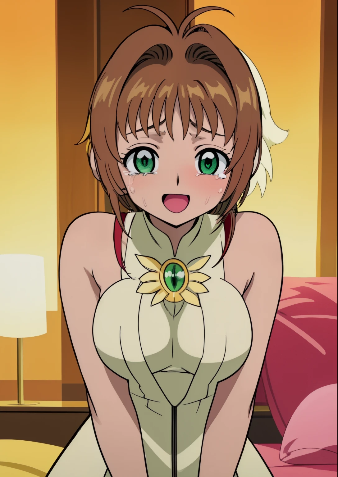 (masutepiece, 1girl in, hight resolution, kinomoto_Sakura, Green eyes, Good mood, Very detailed, full of details, Cinematic lighting),NSFW,Opening Mouth,Tears,cleavage of the breast,fullnude,Bedrooms