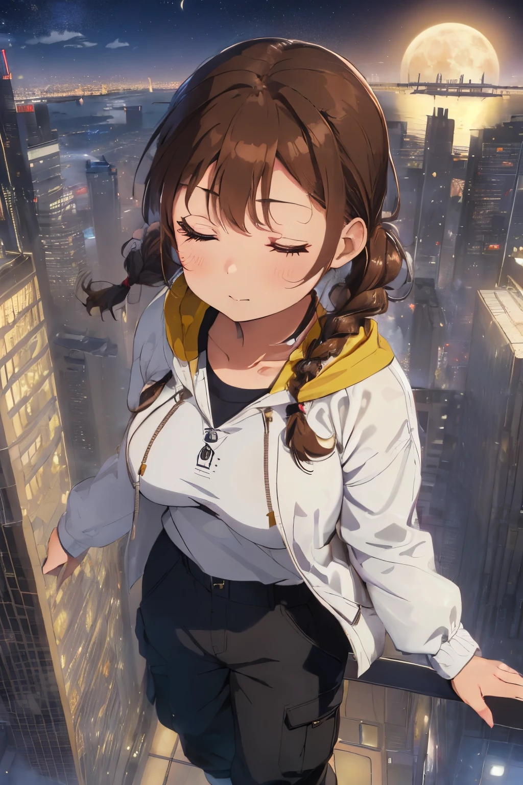 ((Brown hair)),((Braided shorthair)),((Brown eyes)),((Pigtails)),((With bangs)),((Night when the moon shines),((Skyscrapers illuminated by moonlight)),(Stand on the roof of a building),((Hair and clothes swaying in the wind)),((White down coat)),(Yellow and navy hooded long sleeve clothing),(black cargo trousers),((throw your back into the air)),(laying on back),(Perspective from above),(((Both eyes are tightly closed))),((deadpan)),