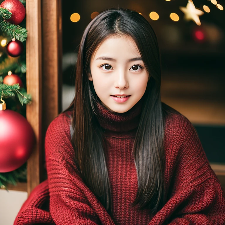 An ultra-high picture quality、Perfect Photo、japanes、japanese beauty girl、1３age、Forehead、large mouth、Black turtleneck sweater、christmas indoor、A dark-haired、thick lips、