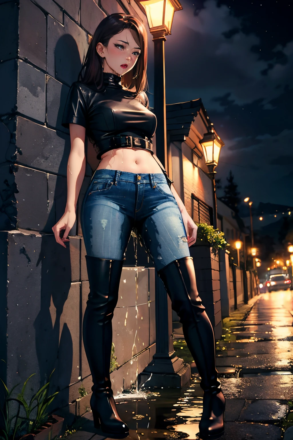 highres, beautiful women, high detail, good lighting, lewd, hentai, (no nudity), (((jeans))), ((tight leather top)), (((leather thigh high boots))), bare midriff, ((wet crotch)), (((peeing herself))), peeing stain, (puddle), (thick thighs), nice long legs, lipstick, detailed face, pretty face, embarrassed blushing face, humiliated, ((legs spread)), ((in public under streetlight at night))