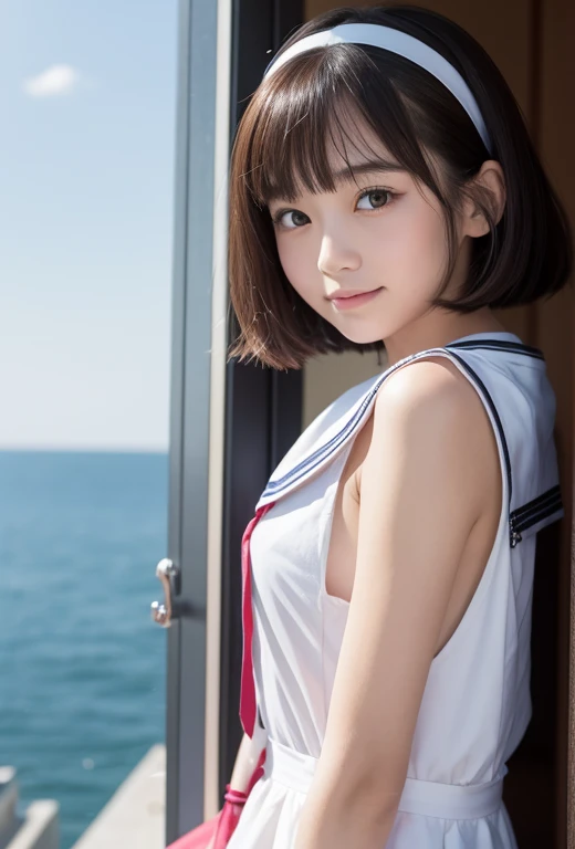 top-quality,ultra-detailliert,masterpiece,realisitic,Photo Real,Bright lighting,((taken from the under)),二重まぶた、1 girl in, Very beautiful 12 year old girl, (kawaii:1.2),Thin smile,((lipgloss)),((Bob Hair,Hair Band)),((a sailor suit)),((Classroom、sit a chair,Cross your legs))