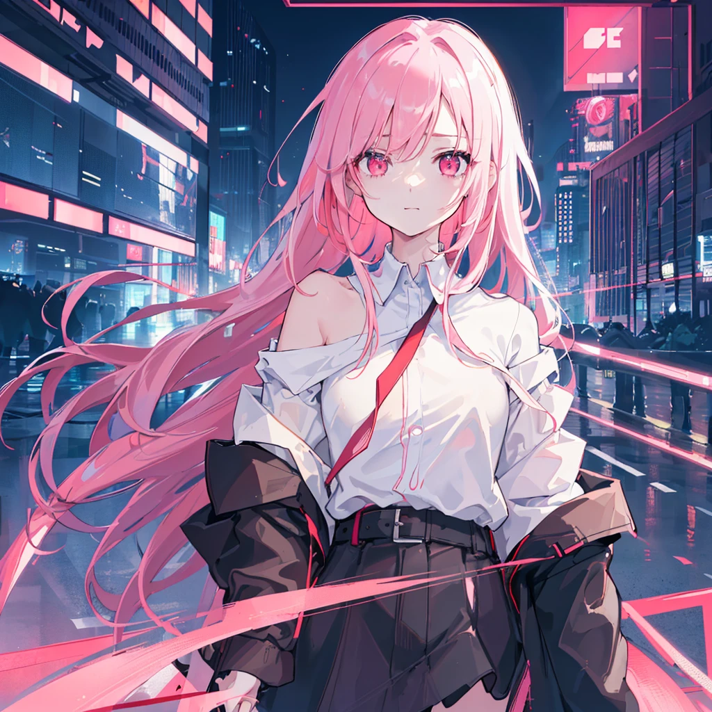 1girl, solo, , petite,(night_sky), (very_long_pink_hair), braids, (red_eyes), medium_breasts, (white_shirt:1.5), (windbreaker), (off_shoulder:1.2), (portrait), glowing_eyes, background_light, (cityscape:1.5), (neon_lights:1.2), (science), cyberpunk, ((masterpiece)), (highres), (best_quality), (highly_detailed), (original),(Delicate background),(extremely detailed 8K wallpaper),cinematic lighting, volume lighting, light particles, shaded_face, beautiful_detailed_eyes, depth_of_field, perspective,