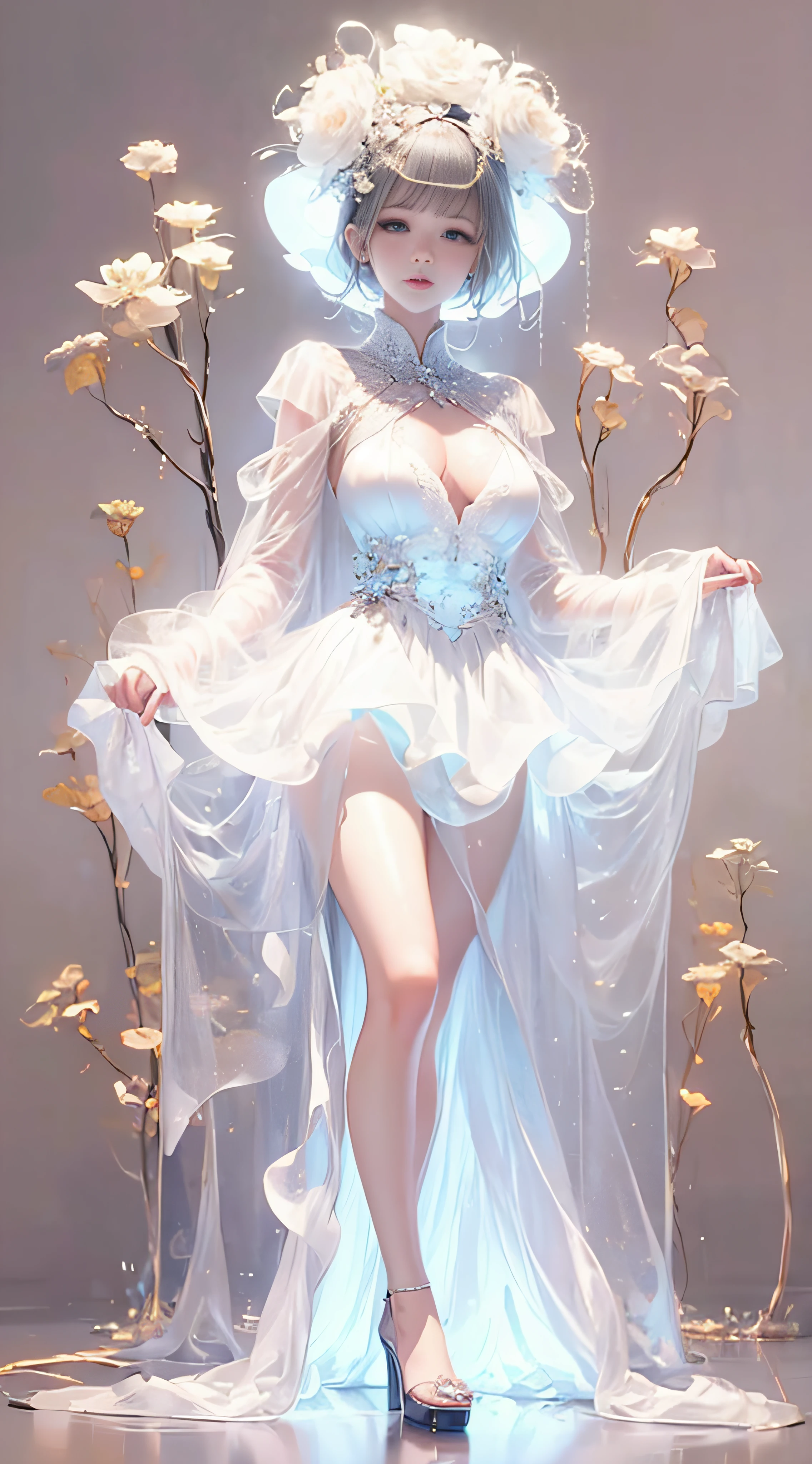 Whole body、8K、realphoto、超A high resolution, Master Parts, Best Quality, nffsw , cinematic images,Lovely girl、ann、16oruro saxon year、Green eyes、二重まぶた、very droopy eyes、(very, Very big eyes:1.8)、Dark eye shadow、The lips are very thin、The tip of the nose stretches beautifully.........、The tip of the nose is small,,,,, ighly detailed , Gold Hair、Straight hair、Very smile、 Sweet look 、a very beautiful woman、legs are long、 Very clear shadows , jewely , A detailed eye, very intricate, shiny skins , Perfect Brilliant, Perfect Lighting, Dramatic shadows 、She is wearing a three-layer long white silk dress。。。。..Silver embroidery covers the entire surface of a long white silk dress.、very long lace white dress、White high heels、Hold a closed white fan with both hands、The head has a large white round hood、red flowers in ears
