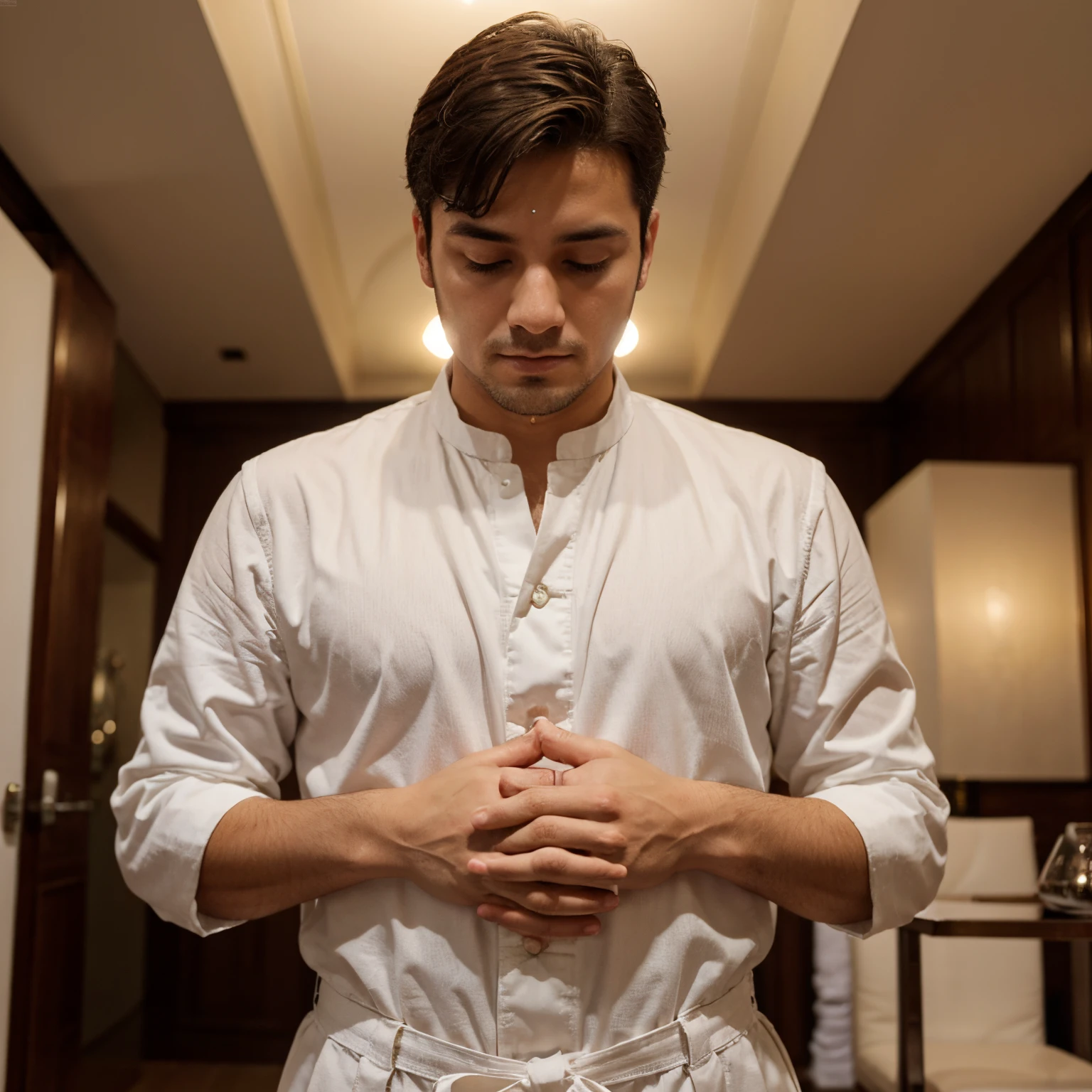 Un hombre rezando, con las manos como buda y un traje blanco