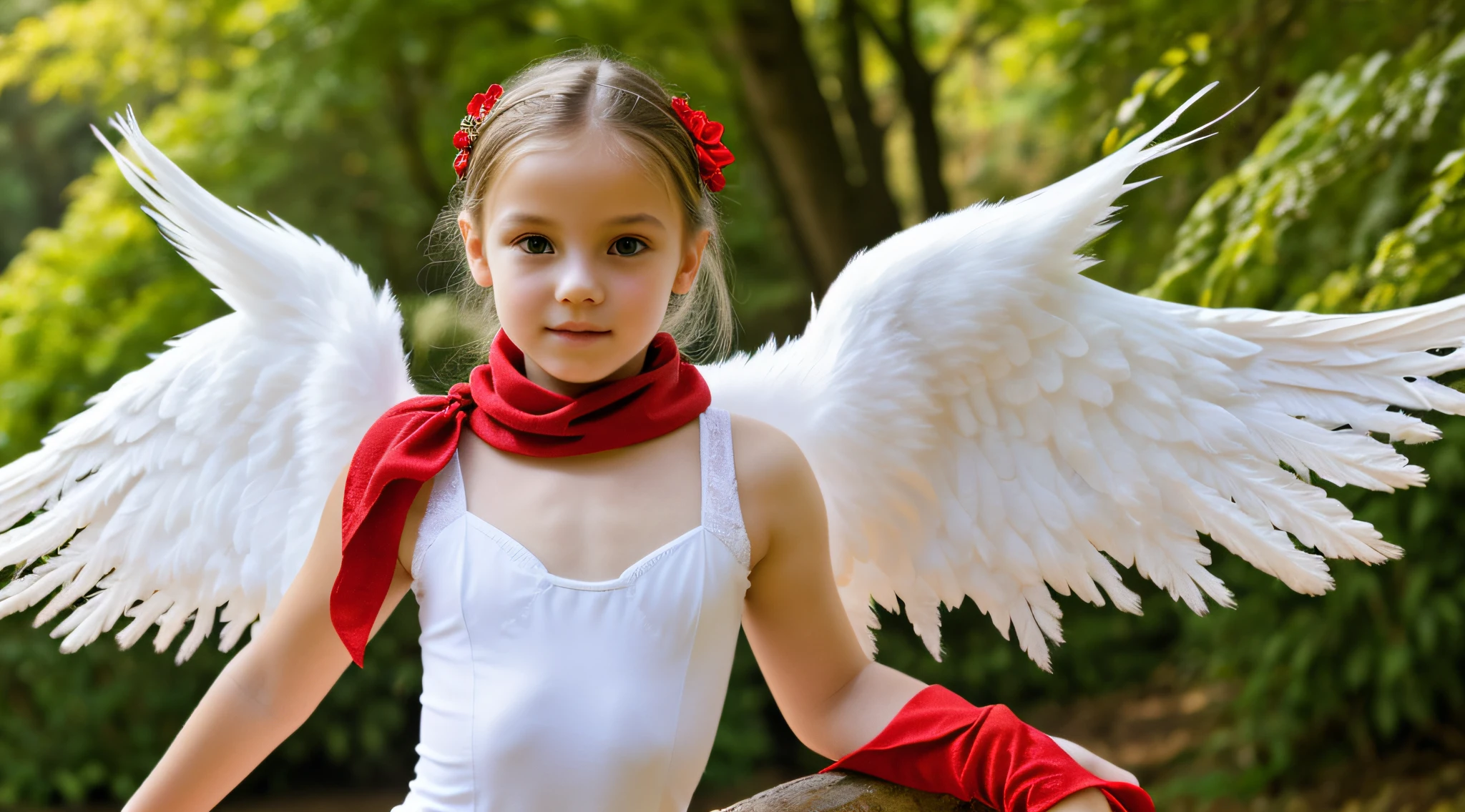 Menina LOIRA de 10 anos, with red scarf, Asas de Anjo, cisne-negro.