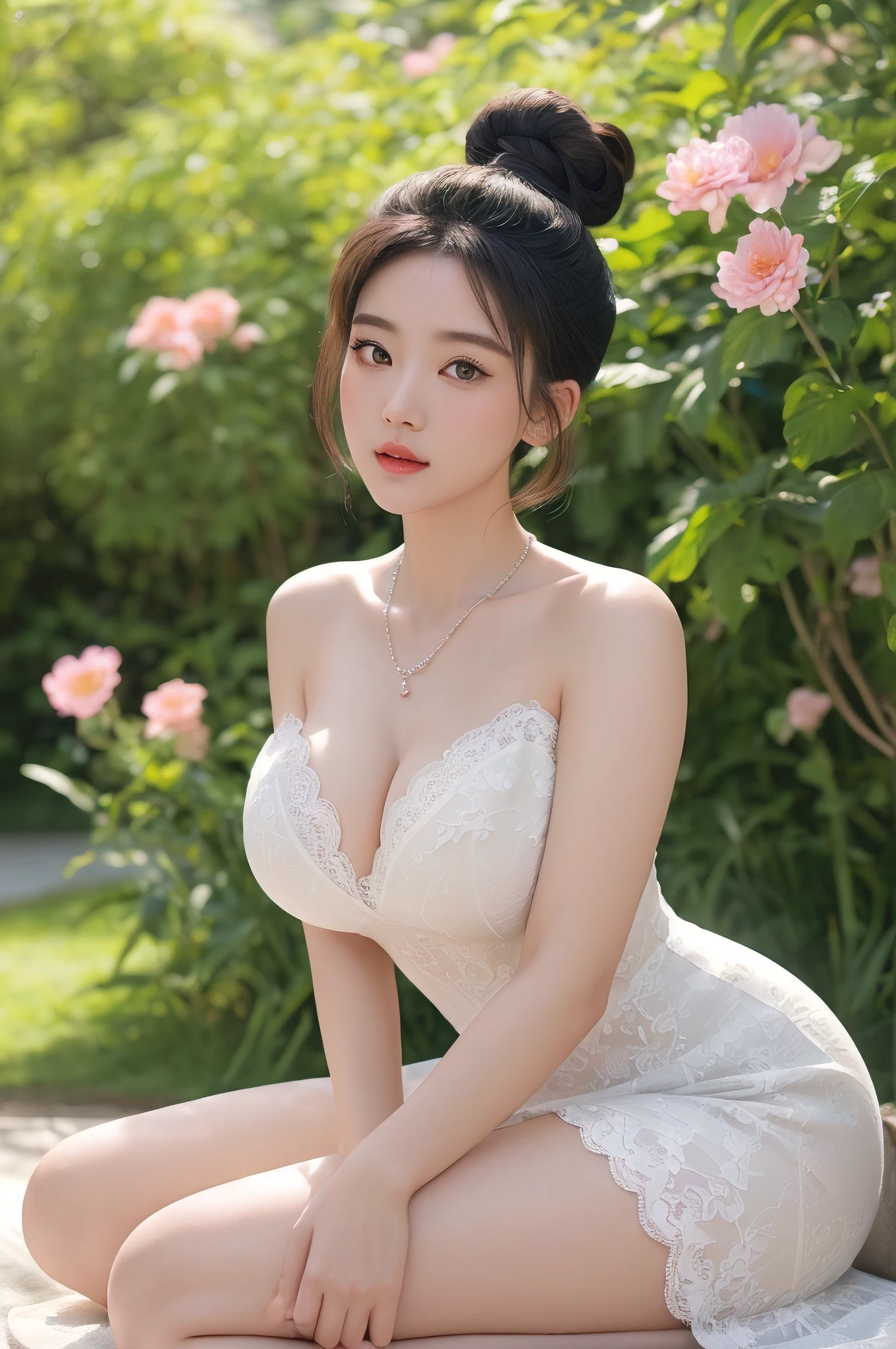 ((tmasterpiece))), A high resolution, (8K), (((looks surreal))), top-quality, ultra - detailed, Anatomically correct, lighting like a movie, super beautiful woman, sexy 24 year old woman, 1人の女性, (1 female), Goose egg face, Nice face, heart - shaped pupils, looks like falling in love, natural makeup, Detailed big eyes, 二重まぶた, Detailed eyebrows, Thick lip,design a natural、Casual hairstyles for women,Highlight the beauty of simplicity. The hairstyle characterized by looseness, Tousled waves create a relaxing atmosphere, Laid back atmosphere. Color scheme showcases natural sun-kissed highlights, create a sunny、Hassle-free effect. This hairstyle perfect for embracing nature、Relaxed beauty.,((Playful)), ((Top knot)), ((actual)), Playful and whimsical updo hairstyles for women,Exuding joy and playfulness. Hair style adopts creative and unique high bun,With woven elements and floral embellishments, Inspire fun and creativity, detailed skin textures, Glowing and radiant skin, (attractive big breasts:1.3), beautiful constriction, beautiful hand, pretty legs, beaturiful body, wedding gown, V-neck A-line wedding dress,Elegant lace dress, chain necklace, (from front angle), (Front-facing camera angle), (cow boy shooting), Composition from the knees up, looking at viewert, looking at the camera in, Background with:(beautiful flower garden)