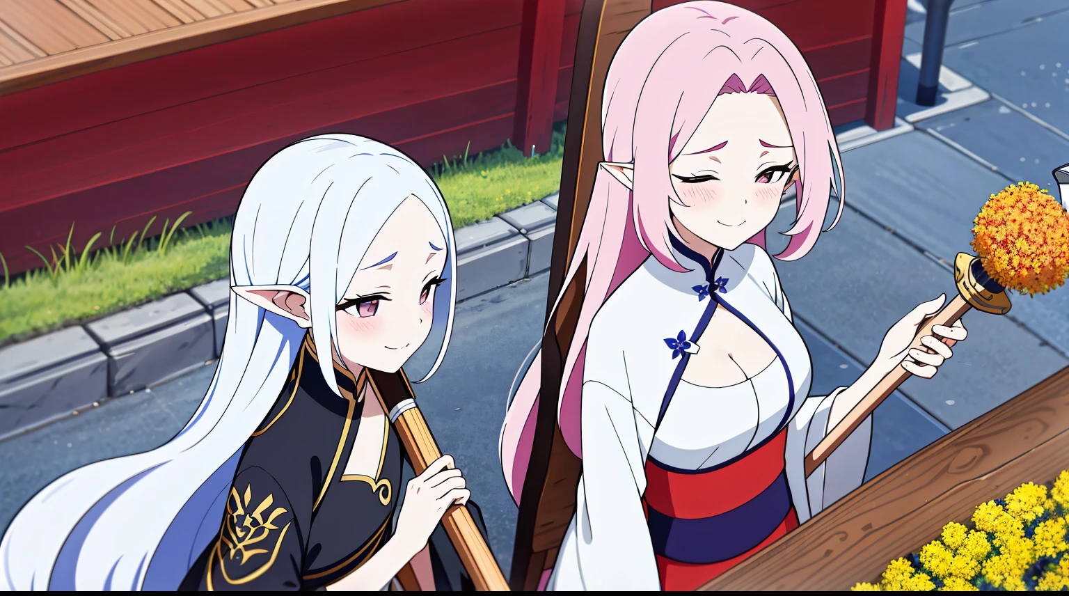 （（tmasterpiece：1.4, Best quality））+, （hyper-detailing）+, （Close her eyes：1.5）+, Blind girl，（Meticulous ears：1.5）, （cute girls）, （Classic Hanfu：1.5）, Long hair details, Long braids on both sides, （wariza：1.2）, pale-skinned, （Yellow cloth：1.5）, （black long pants：1.4）, wine jugs, fresh flowers, lute, long wooden staff，Chinese ancient city, Wandering around the market with luggage, （Ranger：1.1）, （dawn light：1.2）, ）, （closeup cleavage：1.1）, (elevation:1.3), forehead jewel, Colored inner hair, Striped hair, Sad smile, disarray&#39;s gem branch, silber hair, first person perspective，the only person，up looking