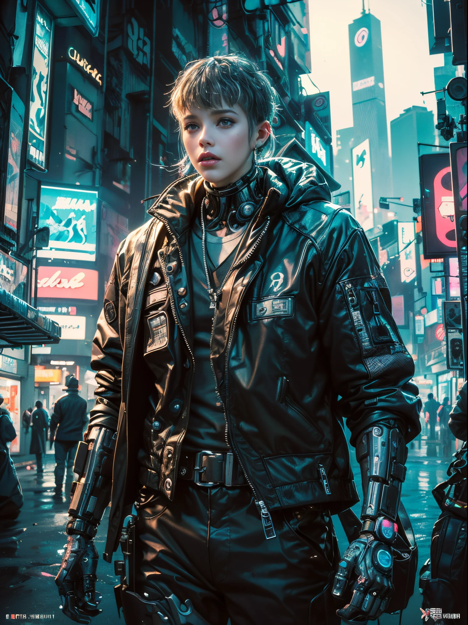 ((Masterpiece stunning Anime illustration)), ((beautiful cybernetic Cyberpunk girl)), ((highly detailed face)), ((mechanical limb, mechanical vertebrae)), ((mechanical cervical attaching to neck)), (wires and cables attaching to neck:1.2), ((mass of wires and cables on head)), ((wearing colorful Harajuku tech jacket with logo)), (dynamic pose), ((cowboy shot)), (masterpiece), (((best quality))), ((ultra-detailed)), (highly detailed illustration), cinematic lighting, science fiction, extremely detailed,colorful,highest detail, (((cyberpunk city background, (Blade Runner), Harajuku district))), NSFW