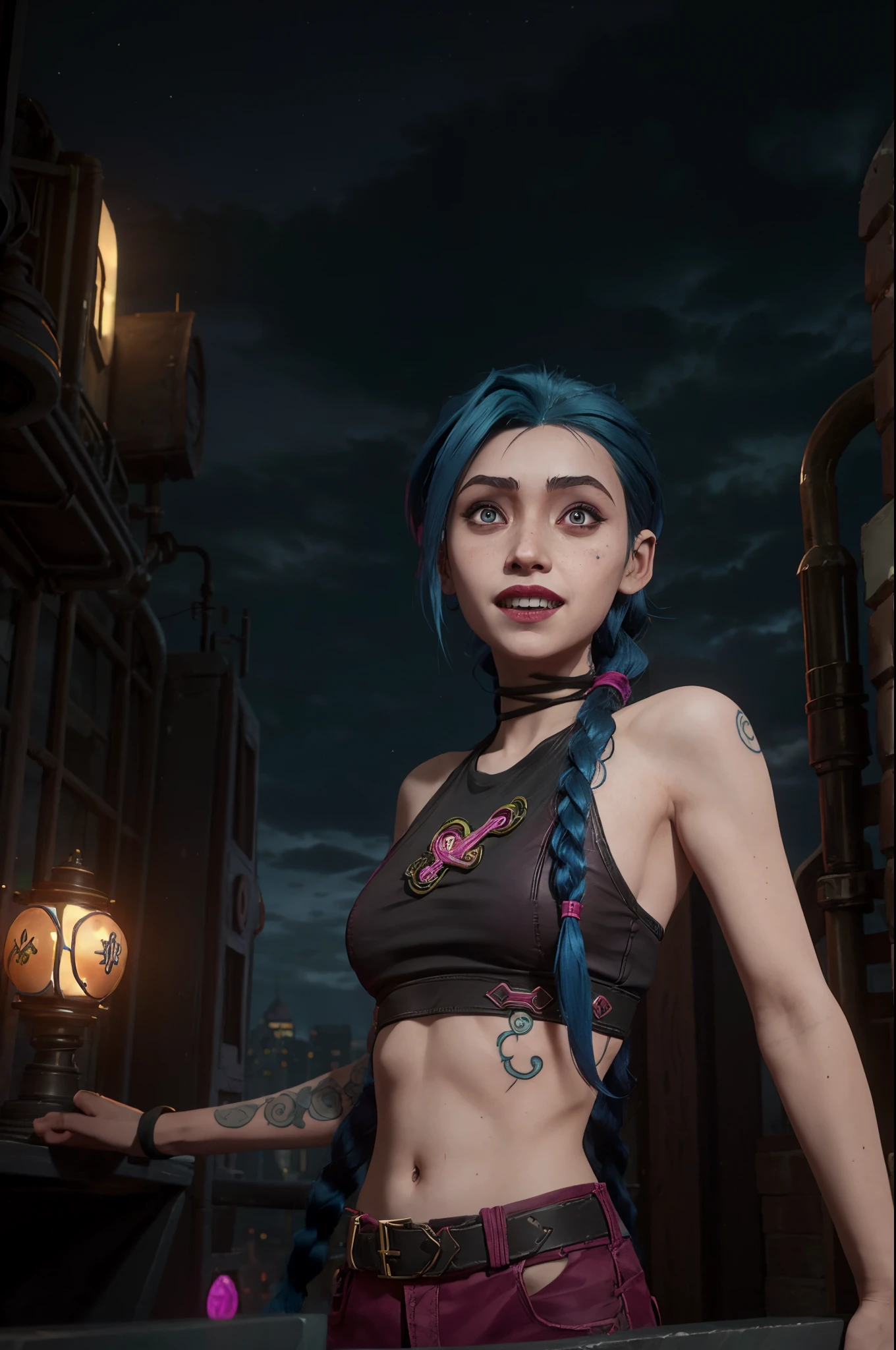 arcane style,
1girl, arm tattoo, asymmetrical bangs, bangs, blue hair, braid, brown shirt, cloud tattoo, looking at viewer, laughing, crazy, uncontrollable laugh, mad look, night, city, green hair, long hair, midriff, pink eyes, red lips, shirt, solo, standing, tattoo, twin braids, upper body, arcane jinx, jinx \(league of legends\)