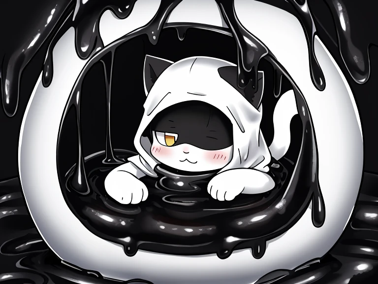 White cat trapped in black slime,Head covered in mucus,Only body exposed