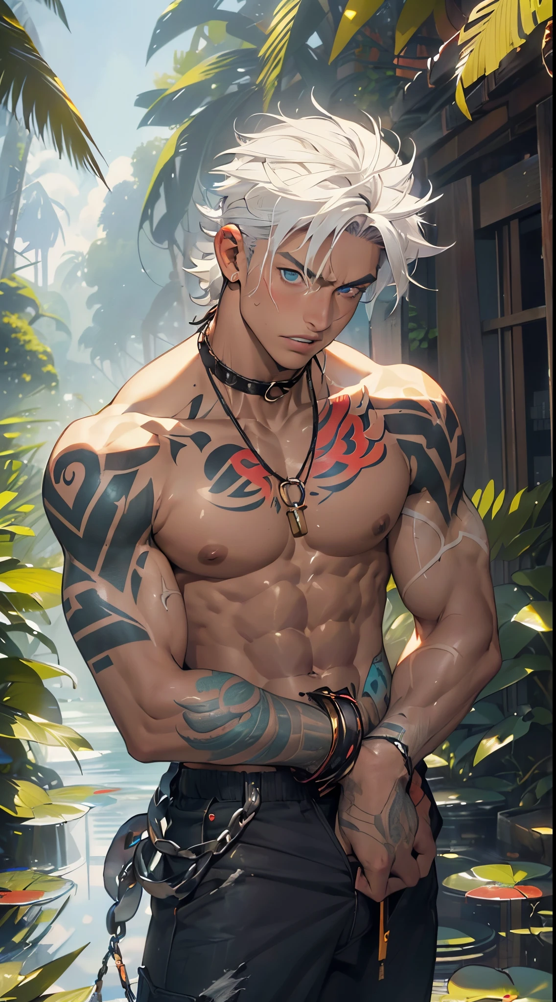 man tribal,(((man,boy,male,male only,1man,male gender))),((((18 years old)))),muscular man,((man muscular)),macho man,

man chest,handsome face,(((white hair,short hair,very short spiky hair,white hair with aqua stripes,colored inner hair))),((aqua_eyes:1.3))),intricate eyes,beautiful detailed eyes,symmetrical eyes,big eyes:1.5,(((black skin,dark skin,lustrous skin:1.5,tanned skin,bright skin: 1.5,skin tanned,shiny skin,very shiny skin,shiny body))),((exaggerated muscles,exaggerated shoulders,very muscular and huge)),(((muscular,hairy body,muscular man,tall,big biceps,abs,big thighs,broad shoulders,open chest))),(((detailed face and eyes))),((undercut)),(square jaw)

(nsfw),

((((bare chest,naked torso)))),(barefoot,),(((slave,slave collar,Long chain leash connected to her collar,shackles,tribal pants,bulge in pants))),((tattoos and markings:1.5)),((torn clothes,wet clothing,intricate outfit)),

dynamic pose,looking at viewer,(tears,open mouth),centered,scale to fit dimensions,Rule of thirds,

outdoors,overgrown,(overgrown background),scenery,extremely scenery,(puddles everywhere,moss,moss on the background),clouds,lily pads,palms,reeds,(sunset, golden hour),

(Glossy Egyptian ornaments),(top-quality,8K,32K,​masterpiece),high resolution,(Photorealistic:1.4),Ray tracing,Sun glare,depth of fields,By backlight effect,Add depth to your screen,(((vibrant colors,vibrant theme))),(intricate),(high contrast,photorealistic artwork:1.37),(best quality,4k,highres,masterpiece:1.2),ultra-detailed,(realistic,photorealistic,photo-realistic:1.37),professional,