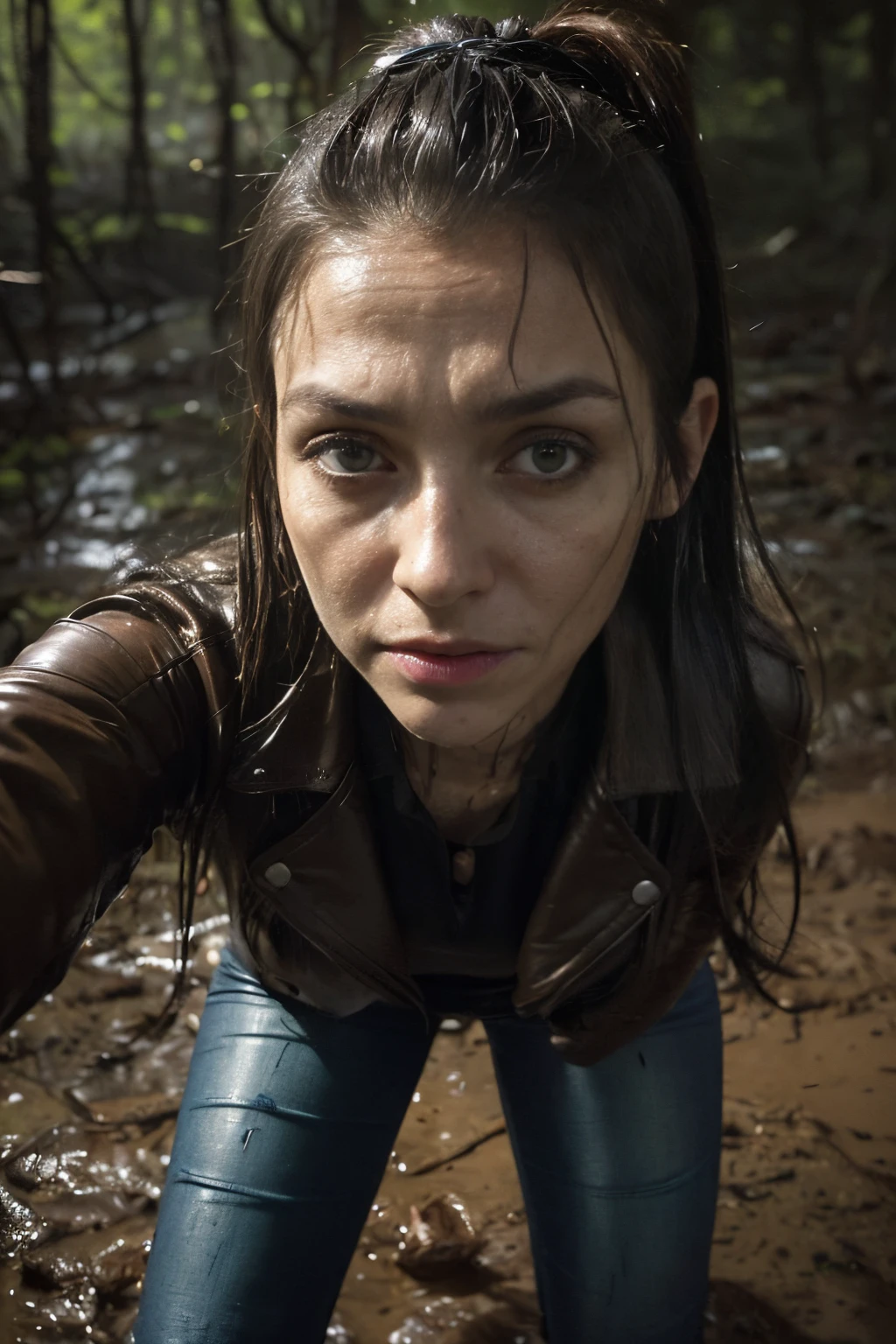Tormented by lust, Woman in jeans, A tight blouse and leather jacket were caught off guard in the woods at night, indulging in his sexual fetish of drowning in a swamp. Lust causes her to drown in a swamp. Her face is haggard and dehydrated. She is perplexed and looks around in fright. There is pitch darkness all around, The light only comes from the camera's flash.
TAGS: night time, blurred background, (First-person selfie for Instagram:1.7), (Darkness around:1.6), (Light only from the camera:1.6). woods, The woman, (Tormented by lust:1.4), (wearing jeans:1.2), leather jacket, in blouse wearing, swamp, (drowning in a swamp), (Drowning in a muddy swamp up to his thighs:1.8), (Sexual fetish:1.3), fright, stunned, Looking around. (emaciated face:1.6), (dehydrated face:1.6), (swelling of the face:1.6), (Short hair gathered in a ponytail:1.2),
