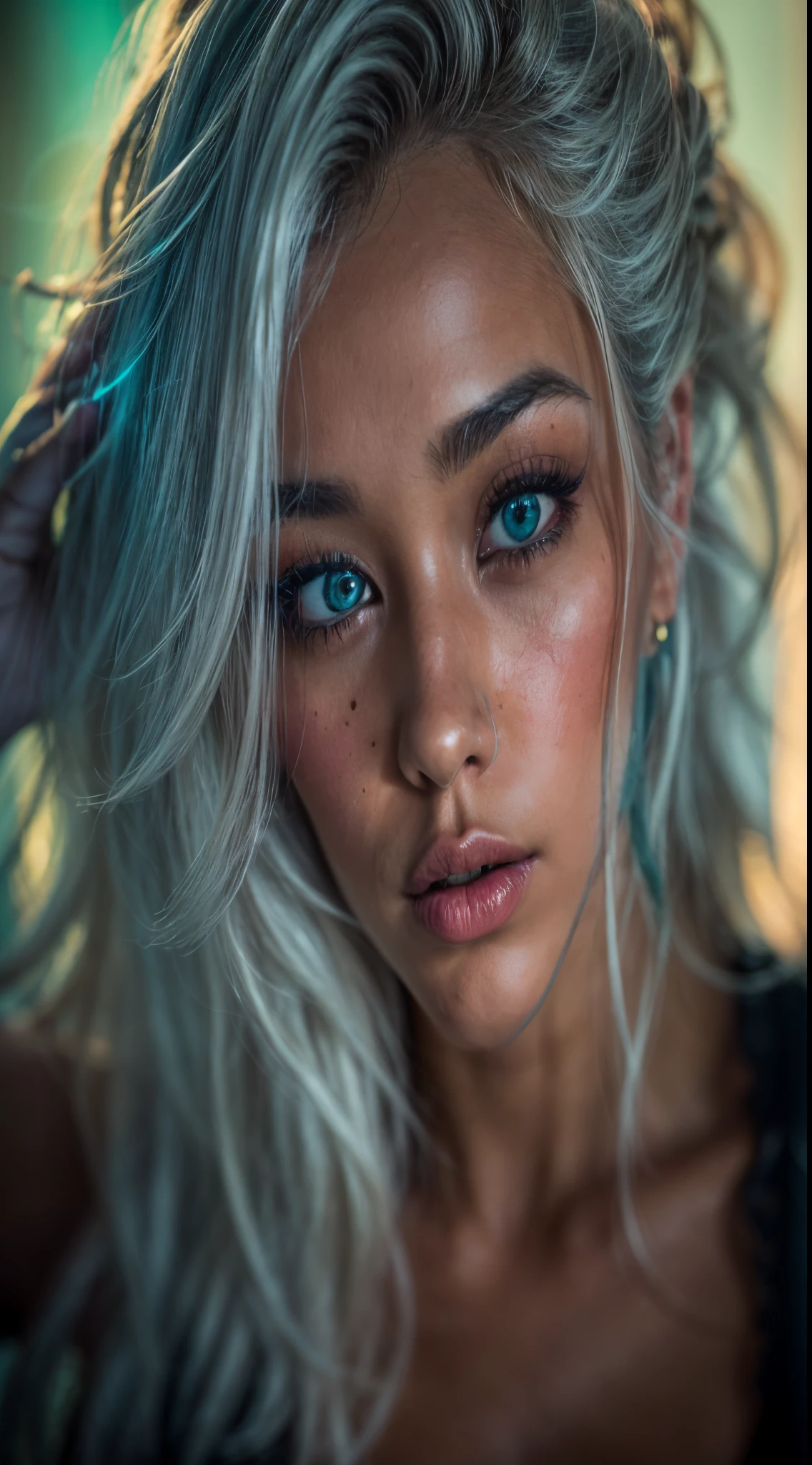 (Cinematic, emotional:1.3), Silhouette of a woman against a turquoise background, glowing particles around her, voluminous gray hair is emphasized, A calm profile face, (Small breasts, blotchy skin with orange accents, Photos captured in stunning 8K resolution and RAW format、Retains the highest quality details, (Her eyes are drawn with great attention to detail: 1.3), Photo taken with a lens that emphasizes the depth of the eyes, Background A dark room setting that emphasizes the colors of the scene. Light and shadow are expertly crafted to bring out her rich skin tone and intense atmosphere。. her hair adds contrast against her skin, The overall configuration is、Capturing her essence with authenticity and elegance, Create a portrait that celebrates her heritage and beauty. Shooting using shadow and light techniques, To create captivating depictions that transcend visuals,