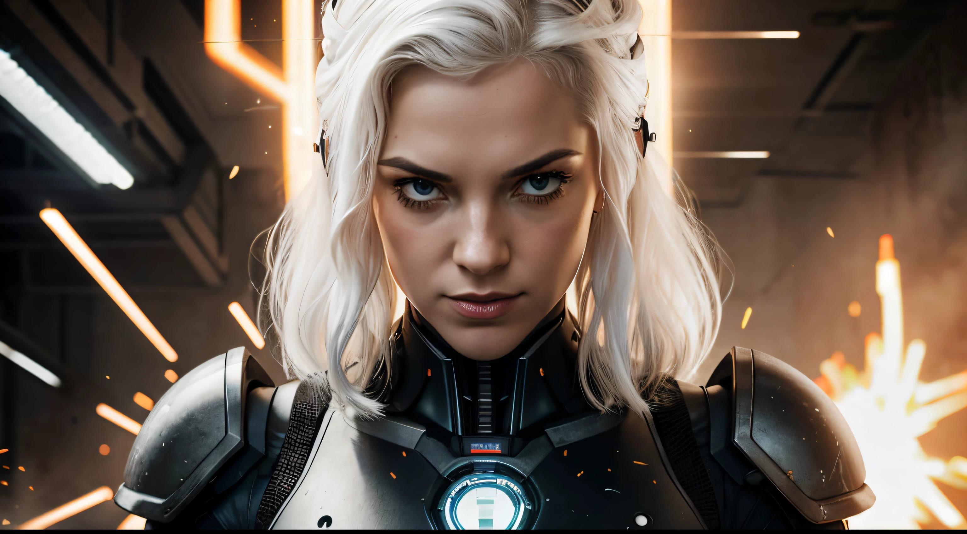 best quality,4K,8K,Hohe Strukturen,Meisterwerk:1.2),Hyper-Detaillierung,(realistischerweise,fotorealistisch, Filmplakat, filmische Perspektive, Kizi, with white hair, Pretty, Urgot, Liga der Legenden, Cyborg-Maschine, Tarnung im Gesicht, Black Metal, Leuchtende Augen, Science-Fiction, Schulterpolster, Mech-Anzug, upper body, Apokalyptischer Hintergrund, Apokalypse, Funken, Flammen, Rauch, Feuer Hintergrund, Explosionen, hell, tankt, Armeen von Monstern,