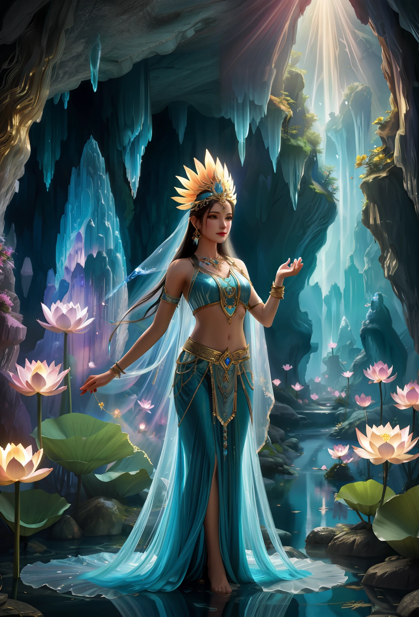 There a woman in a blue dress standing in the cave, Artgerm Julie Bell Beeple, gilded lotus princess, 4K fantasy art, beautiful fantasy empress, beautiful fantasy art, beautiful fantasy maiden, Asian Woman Water Elemental, very beautiful fantasy art, a stunning portrait of a goddess, stunning fantasy art, Close-up fantasy of water magic
