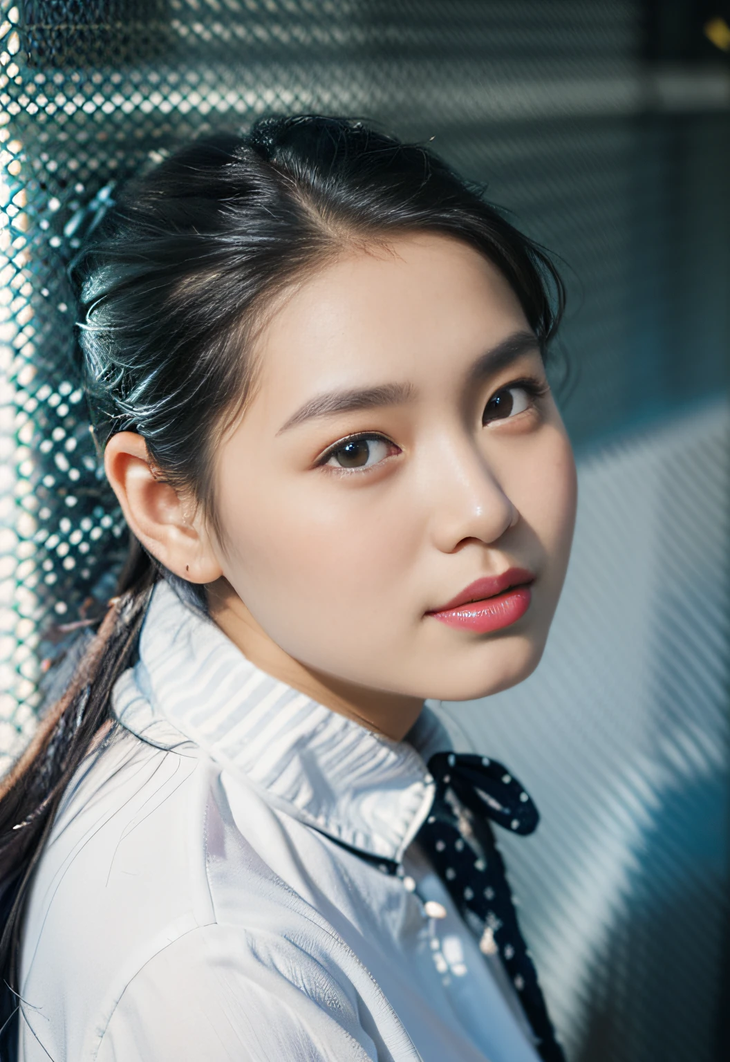 ((masterpiece), (best quality), (raw photo), (photorealistic:1.4), Highly realistic photo, Portrait of a women 25 year old Vietnamese, ((white shirt)), ((black hair)), The light from above shines down, dark blue background, photo taken in 1975 by Fujifilm XT3