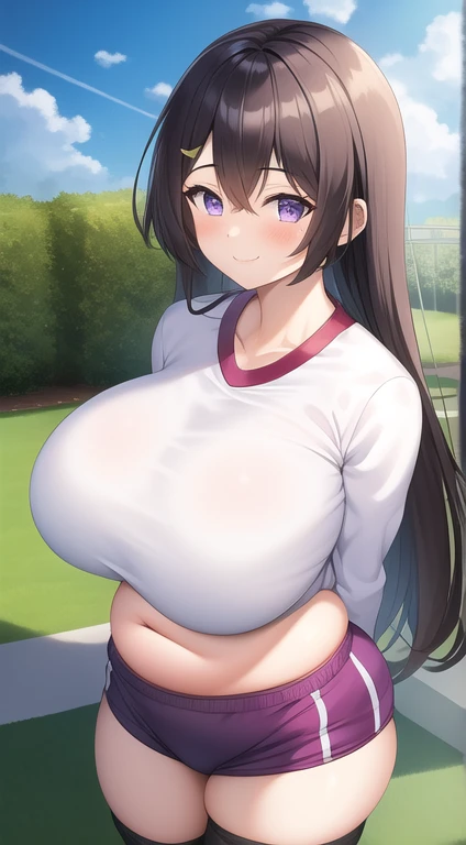 masterpiece, 1girl, (gigantic breast), long hair, (purple eyes), (Gym suit), (white shirt), (gym bloomers), black bow hair, Garden, (looking at viewer:1.1), from behind, on back, smile, (bloated belly)