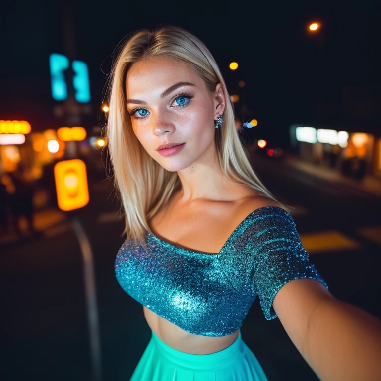 (selfie, top view: 1.4), (straight half of the body: 1.4), RAW UHD portrait photo of a 24-year-old blonde (blue-eyed woman) walking down a disco medium breasts,, city at night, (skirt), (neckline), details (textures! , hair! , glitter, color!! , disadvantages: 1.1), glossy eyes with high detail (looking at the camera), SLR lighting, SLR camera, ultra-quality, sharpness, depth of field, film grain (center), Fujifilm XT3, crystal clear, frame center, beautiful face, sharp focus, street lamp, neon lighting, bokeh (dimly lit), night, (night sky), detailed skin pores, oily skin, sunburn, complex eye details, full body, medium breasts
