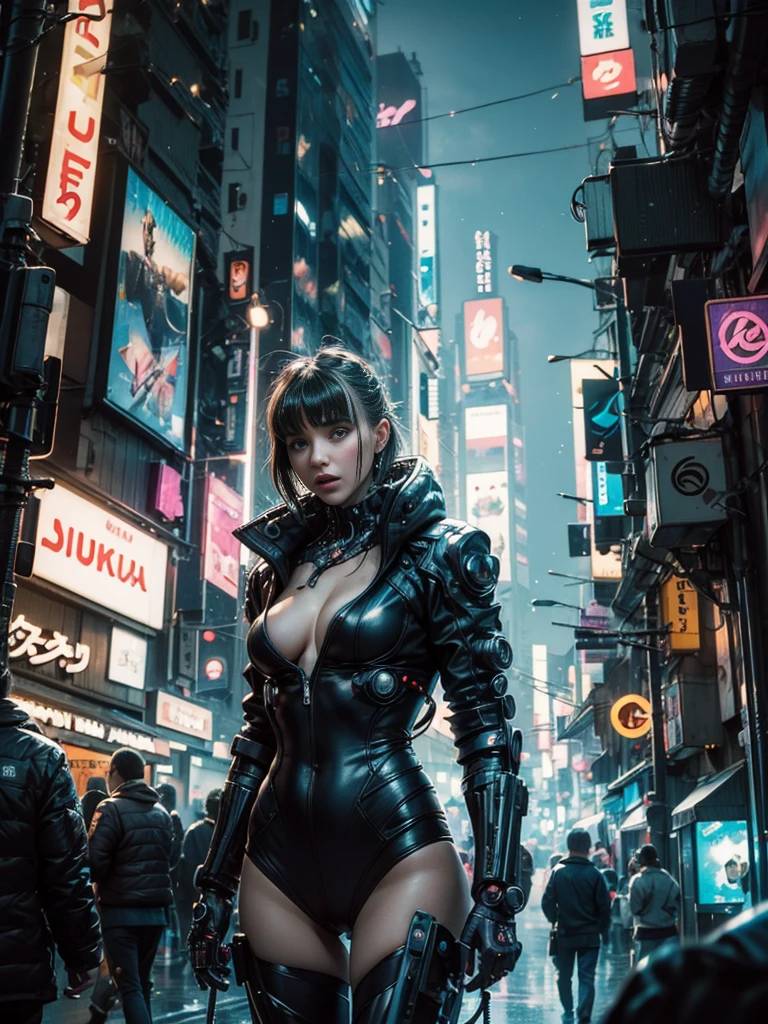 ((Stunning Anime illustration)), ((beautiful cybernetic Cyberpunk girl)), ((highly detailed face)), ((mechanical limb, mechanical vertebrae)), ((mechanical cervical attaching to neck)), (wires and cables attaching to neck:1.2), ((mass of wires and cables on head)), ((wearing colorful Harajuku tech jacket with logo)), ((dynamic pose)), (((cowboy shot))), (masterpiece), (((best quality))), ((ultra-detailed)), (highly detailed illustration), cinematic lighting, science fiction, extremely detailed,colorful,highest detail, (((cyberpunk city background, (Blade Runner), Harajuku district))), NSFW