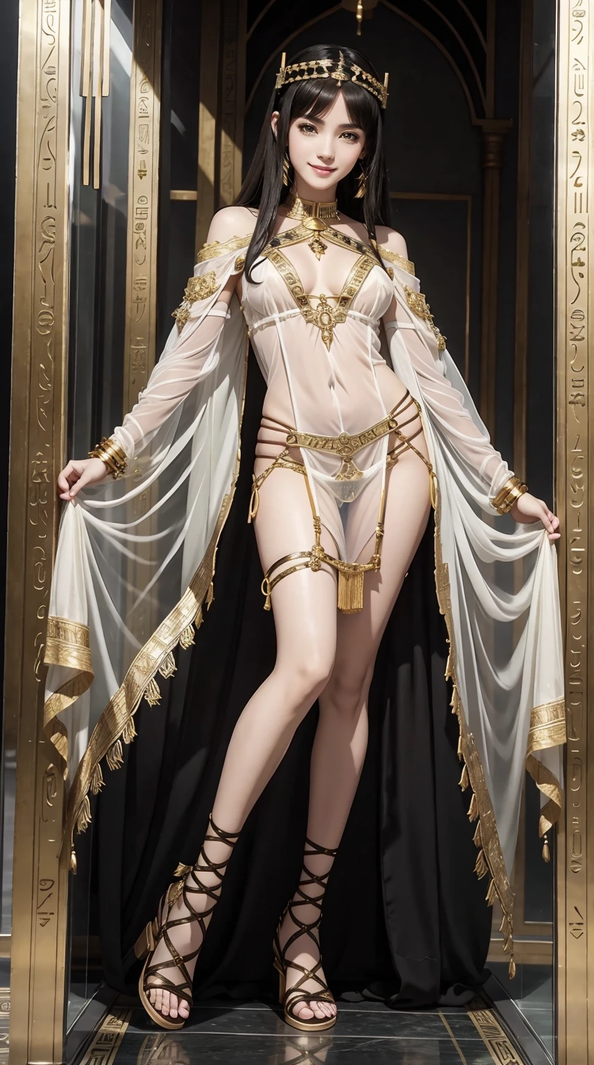 Cleopat of Egypt、be white、brunette hair、Wearing transparent cloth、I'm wearing lace-up sandals、a smile