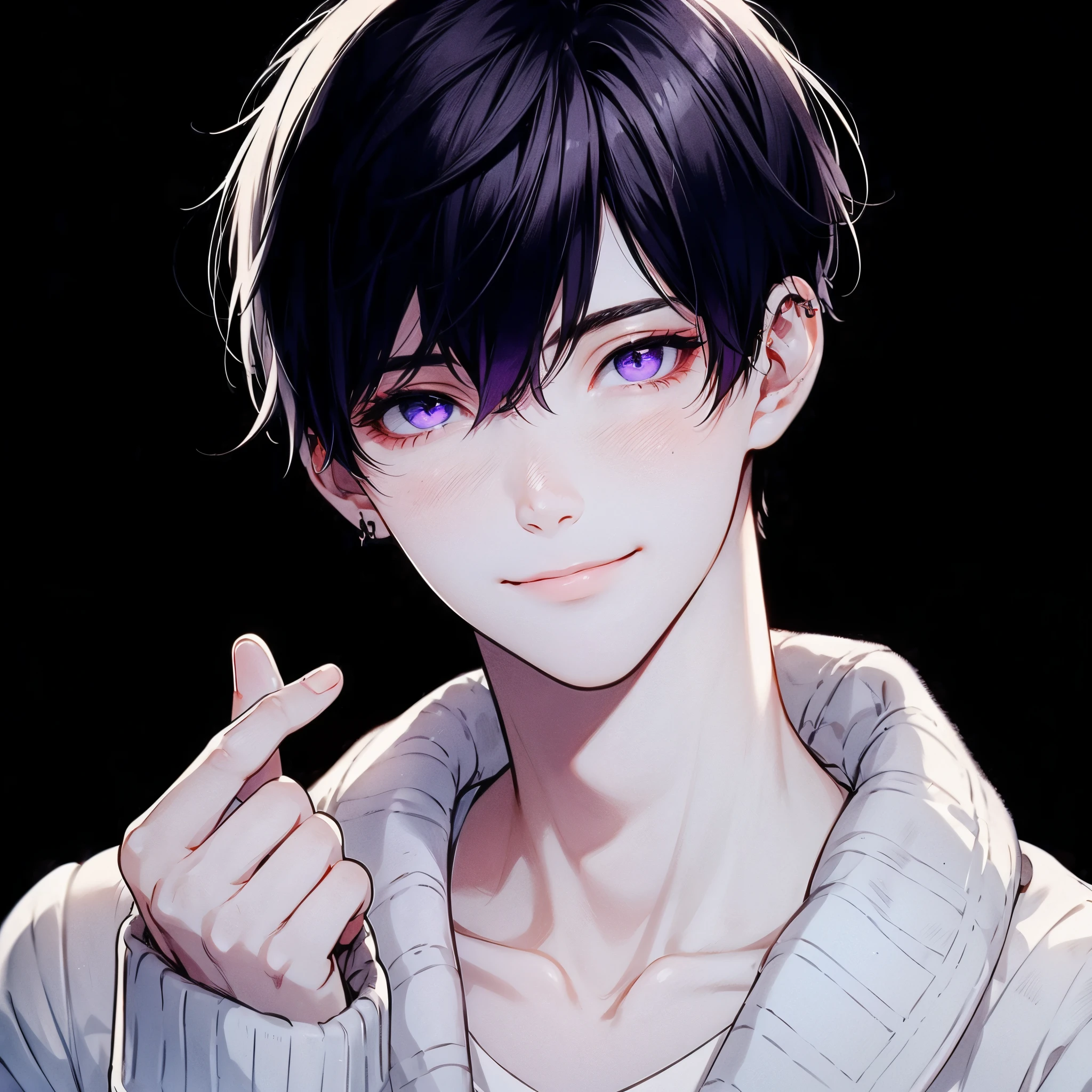 Beautiful young man, Black hair, Purple eyes, Short hair, White sweater, cut out the eyes, Cheek cane、cheekbone, Smiling, Front view, Black background, Shoulder level,High quality, amount of drawing, pixiv illustration