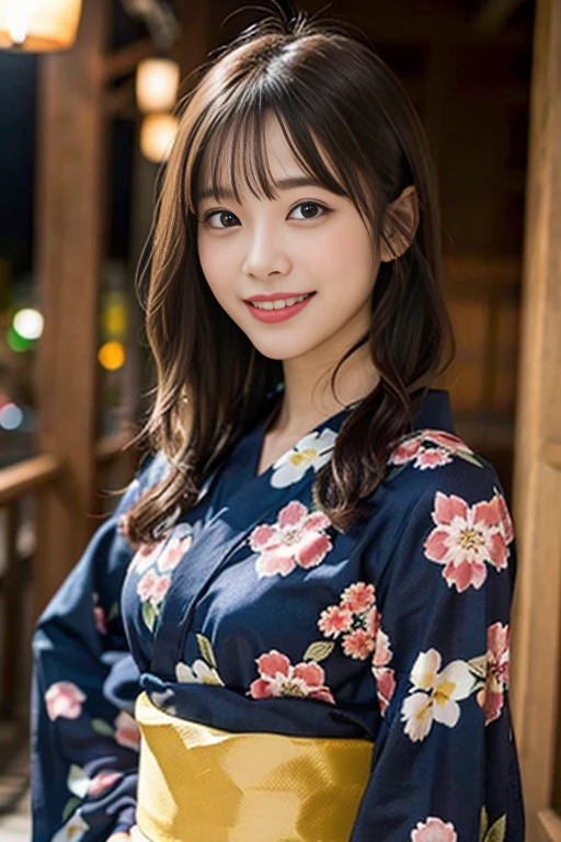 (8K、Raw photography、top-quality、masterpiece:1.2)、grin、(realisitic、Photorealsitic:1.37)、ultra-detailliert、超A high resolution、女の子1人、see the beholder、beautifull detailed face、A smile、Constriction、(Slim waist) :1.3)、Beautiful detailed skin、Skin Texture、Floating hair、Professional Lighting、Whole human body、Longhaire、a blond、Japan floral yukata、Hotel、Bob Hair、Summer Festivals、Happy smile