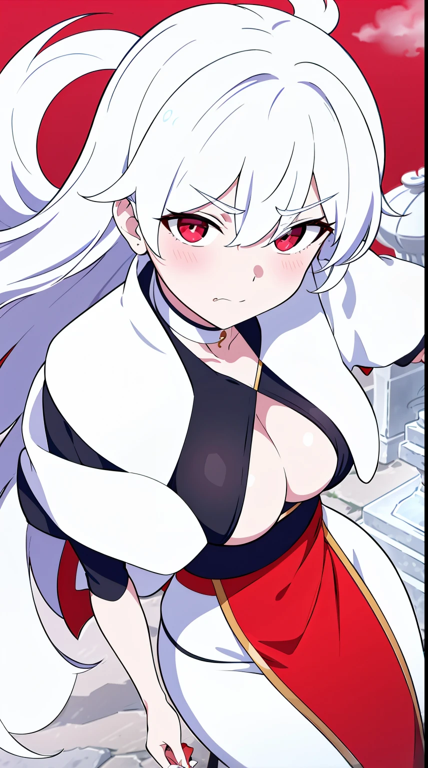 （（tmasterpiece：1.4, Best quality））+, （hyper-detailing）+, （exquisite red eye：1.5）+, （Detailed ears：1.5）, （cute girls）, （garments：1.5）, Tight black silk, Very long hair, （Taijitu：1.2）, pale-skinned, （white cloth：1.5）, （cloth shoes：1.4）, Taoist temple, High hills, stone statue, censer, dense fog, delicate legs, （Taoist：1.1）, （dawn light：1.2）, ）, （closeup cleavage：1.1）, the only person, Hairbell, White hair, hair covering one eye, V-shaped eyebrows, Gloom (Expressing the), from back, from the above, Best quality, A high resolution, high detal, high high quality, 16k