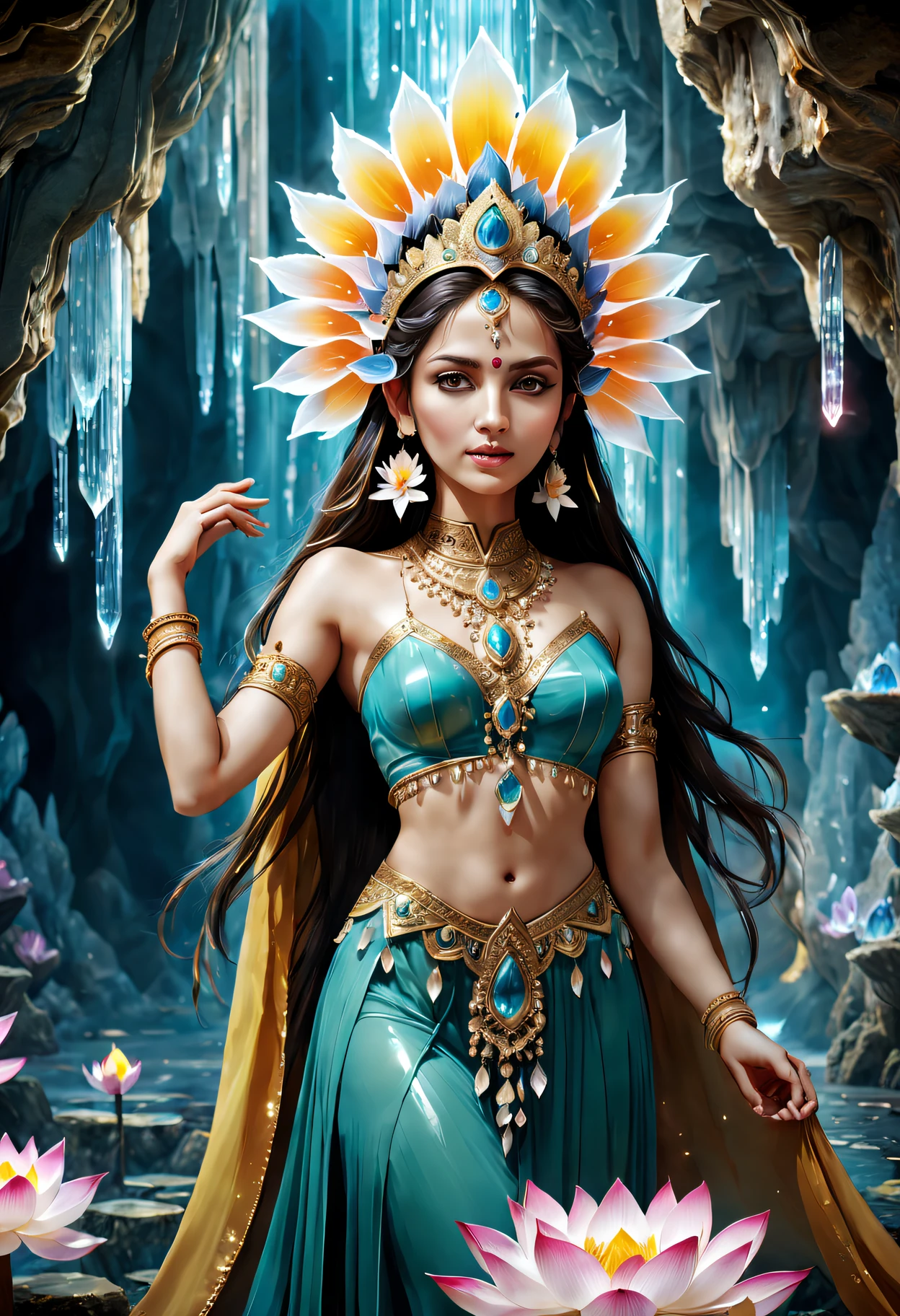 in a crystal cave,A mesmerizing blend of Indian mythological grandeur and enchanting magic。Colorful stalactites and stalagmites sparkle,Translucent crystals,ethereal lighting,intricate engraving,sparkling reflections,divine being,Enchanting dance,holy halo,Intricate jewelry,Clothing with intricate patterns,ornate headdress,lotus flower,Sacred chants,Enigmatic Atmosphere,divine power,spiritual transcendence,peaceful tranquility,Energetic energy,(Best quality at best,4K,8K,A high resolution,tmasterpiece:1.2),ultra - detailed,(actual,realisticlying,Photorealistic:1.37),
