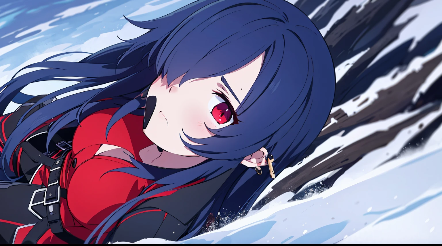 （（tmasterpiece：1.4, Best quality））+, （hyper-detailing）+, （exquisite red eye：1.5）+, （Detailed ears：1.5）, （cute girls）, （White undershirt，black long pants：1.5）, Tight black silk, Very long hair, （red flower：1.2）, pale-skinned, （red cloth：1.5）, （Black Martin boots：1.4）, town，There are dead trees around, ear nipple ring, dense fog,drifting snow， delicate legs, blue fluorescent butterfly，（born warrior：1.1）, （dawn light：1.2）, ）, （closeup cleavage：1.1）, the only person, Hairbell, dark-blue hair, hair covering one eye, V-shaped eyebrows, Gloom (expressed), from back, from the above, Best quality, A high resolution, high detal, high high quality, 16k