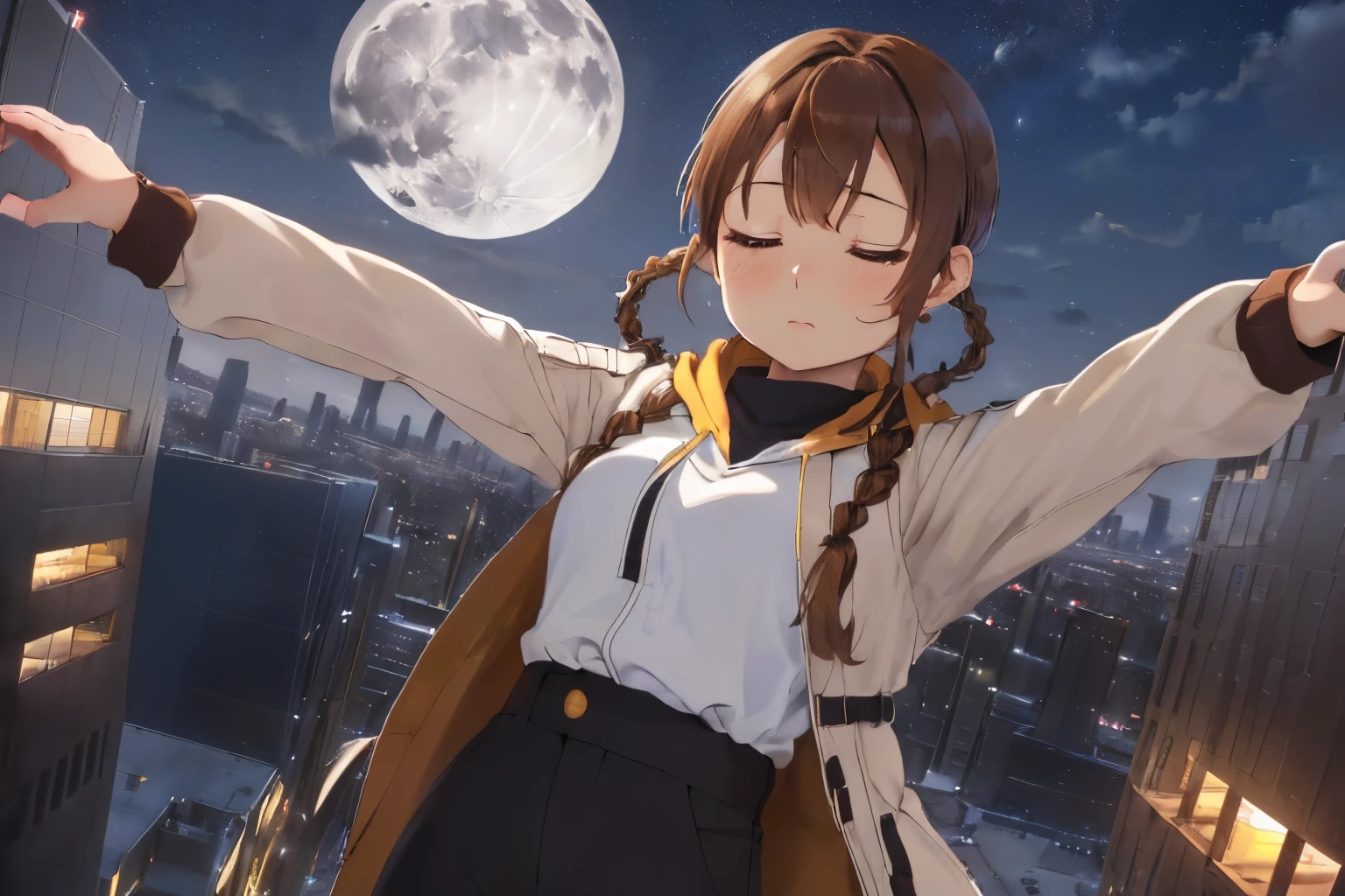 ((Brown hair)),((Braided shorthair)),((Brown eyes)),((Pigtails)),((With bangs)),((Night when the moon shines),((Skyscrapers illuminated by moonlight)),(Stand on the roof of a building),((Hair and clothes swaying in the wind)),((White down coat)),(Yellow and navy hooded long sleeve clothing),(black cargo trousers),((throw one&#39;i&#39;back in the air)),(laying on back),(Perspective from above),((Straight perspective)),(((Both eyes are tightly closed))),((deadpan)),((I&#39;m stretching my arms towards the sky)),(close up of face)