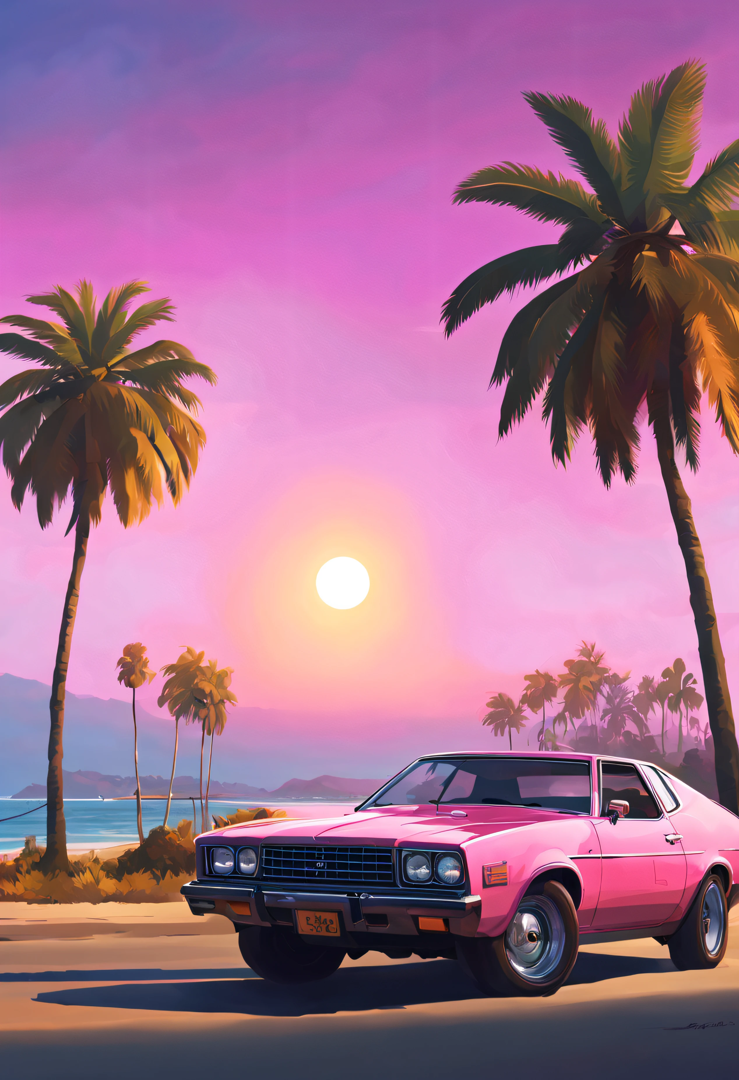 Gta vice city loading screen style, american car nearby, sunset, golden hour, pink sky, beach and palms in background, nice watches, highly detailed digital painting, concept art, smooth, sharp focus, HDR, beautifully shot, symmetric, illustration, professional ominous concept art, by artgerm and greg rutkowski, an intricate, elegant, highly detailed digital painting, concept art, smooth, sharp focus, illustration, in the style of simon stalenhag, wayne barlowe, and igor kieryluk. Close up shot to the car