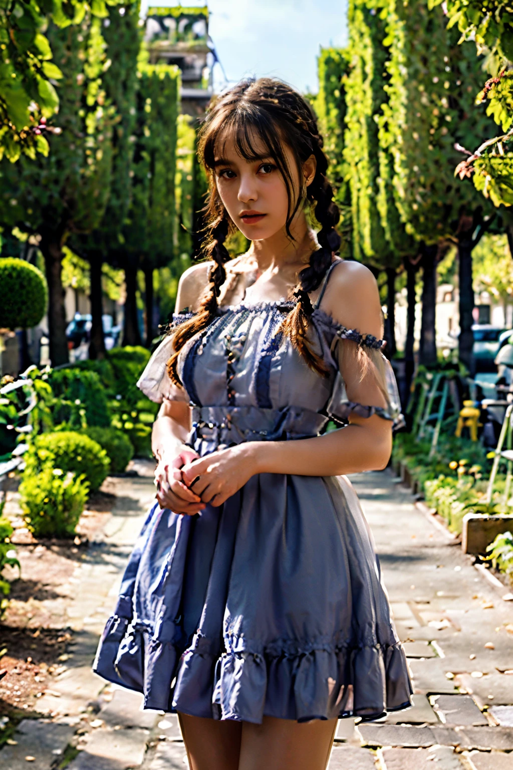 Best quality, masterpiece, ultra high res, raw photo, beautiful and aesthetic,deep shadow, dark theme,(photorealistic:1.4),
(qyc \(manaka nemu\), 1girl, dress, braid),outdoors, ((((garden, paris)))),