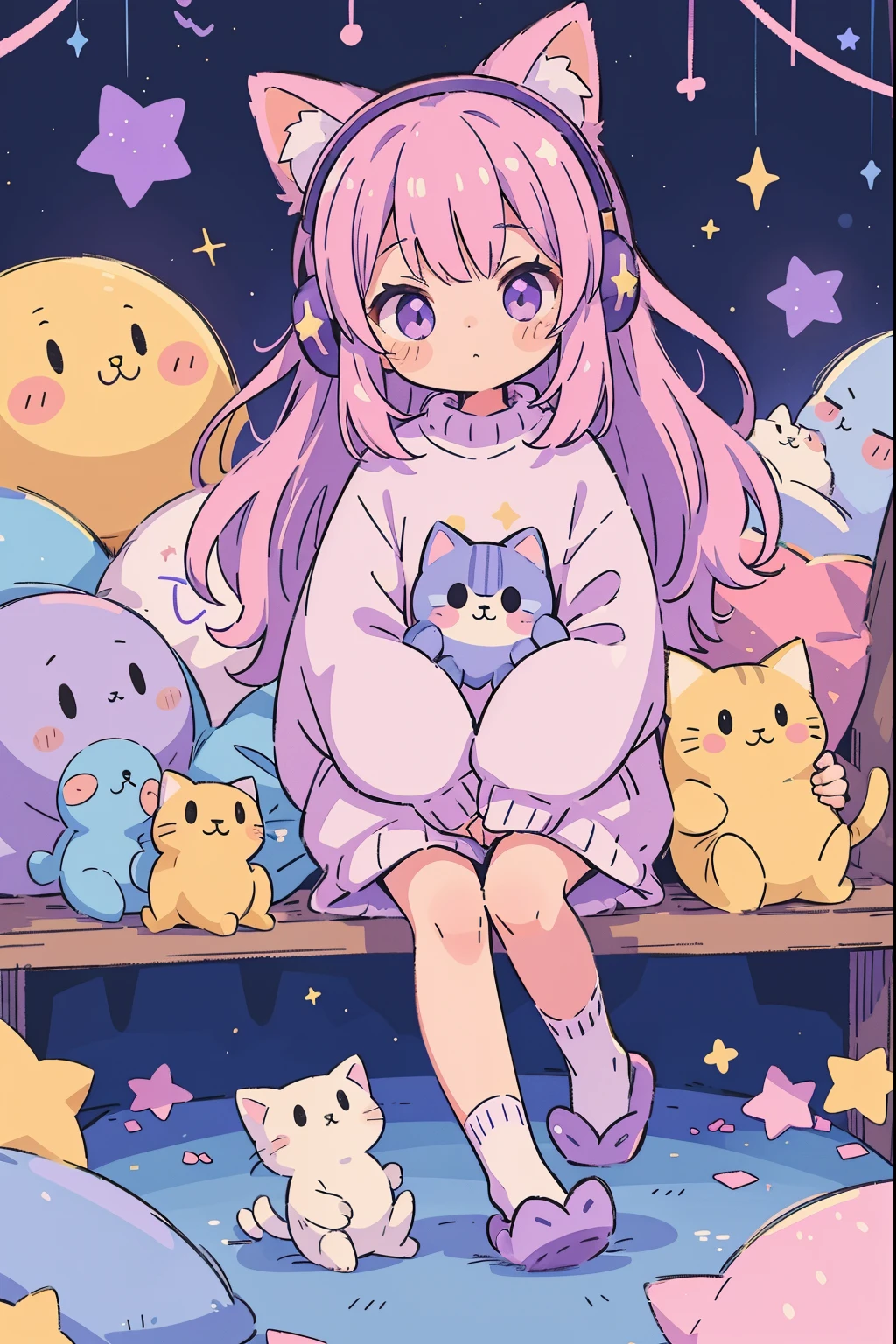 Cat Girl, Solo, Fluffy clothes, Sweaters, sleeves, sox, Slippers, Pastel colors, (Purple, Blue, Pink, yellow), Cozy, Dreamy, Stars, a sticker, Bubbles, Glitter, brilliance, plushies, headphones