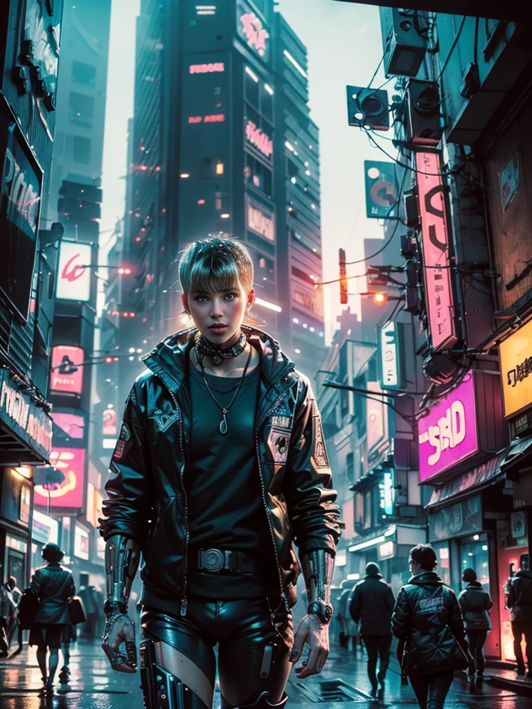 ((Stunning Anime illustration)), ((beautiful cybernetic Cyberpunk girl)), ((highly detailed face)), ((mechanical limb, mechanical vertebrae)), ((mechanical cervical attaching to neck)), (wires and cables attaching to neck:1.2), ((mass of wires and cables on head)), ((wearing colorful Harajuku tech jacket with logo)), ((dynamic pose)), (((cowboy shot))), (masterpiece), (((best quality))), ((ultra-detailed)), (highly detailed illustration), cinematic lighting, science fiction, extremely detailed,colorful,highest detail, (((cyberpunk city background, (Blade Runner), Harajuku district))), NSFW