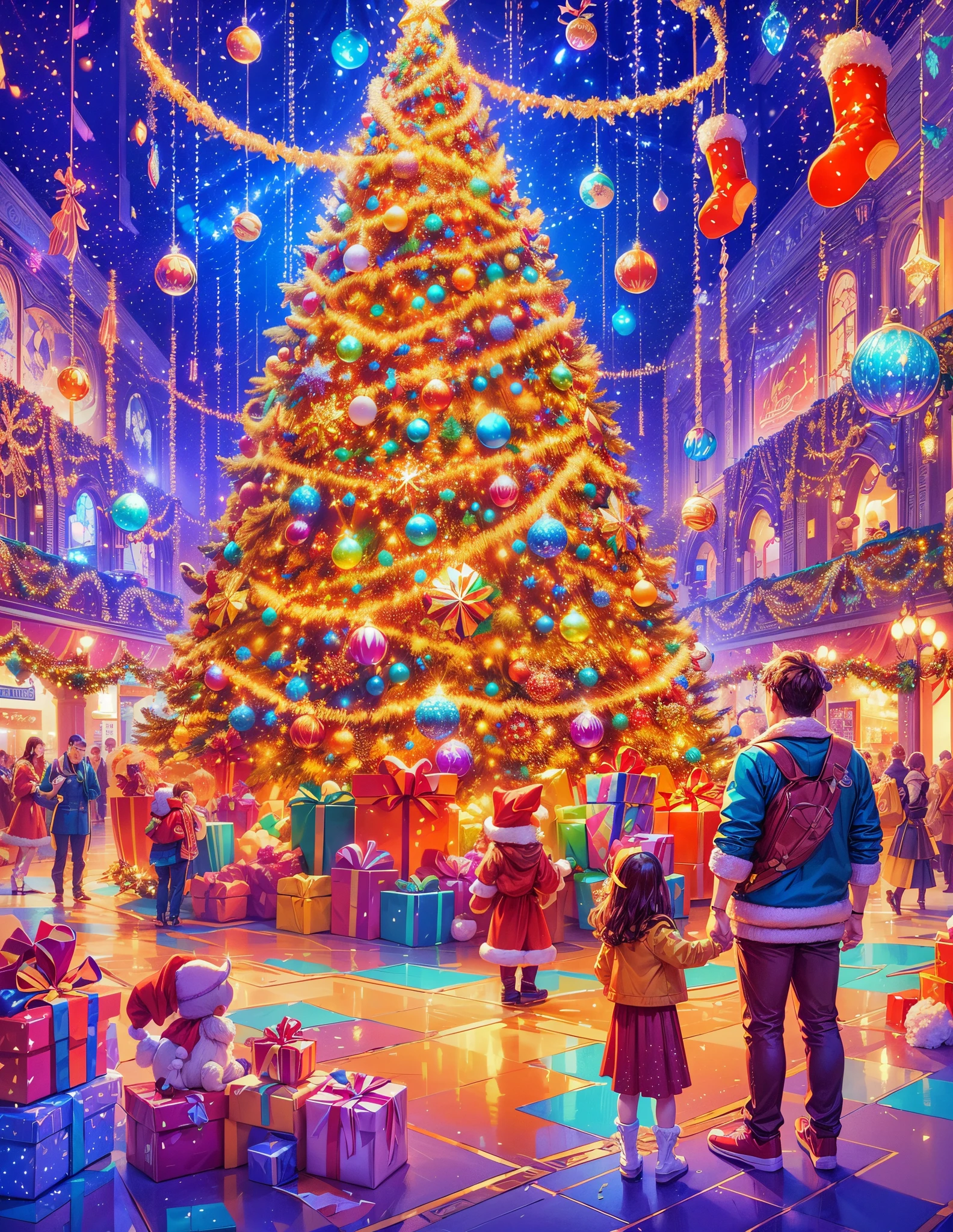 (((Vector illustration style)))，vivd colour，magical ambiance，whimsically，Sparkling，Fantasy Christmas world，In the room，A couple wearing Santa Claus costumes enjoying Christmas dinner。The room  decorated with a tall Christmas tree，Covered with flashing lights，Decoration  colorful。There are gift boxes stacked next to it，Exquisite packaging reveals expectations and surprises。A warm fire burns in the fireplace，Various Christmas decorations are placed around，There  also a funny portrait of Santa Claus hanging on the fireplace。Gingerbread cookies on the table、Cane sugar、Christmas delicacies such as candies。Kitten at feet lies on Christmas rug，wearing a red scarf，Seems to be enjoying this moment。The room  filled with a strong Christmas atmosphere，full of joy and，Intoxicating, (Perspectives, first person perspective, jib style colors, Glowing light, 电影灯光, hyper HD, tmasterpiece, Acura, Anatomically correct, ctextured skin, super detailing, high detal, high high quality, Award-Awarded, Best quality, 4K)