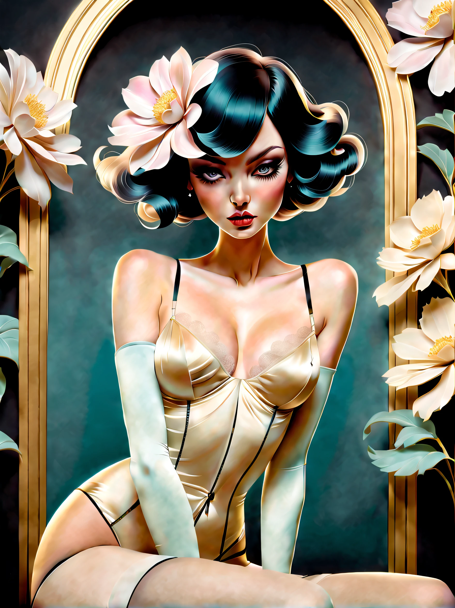 chiaroscuro technique on illustration of an elegant , retro and vintage ,silky flower around body, matte painting, by Hannah Dale, by Harumi Hironaka, extremely soft colors, vibrant, pastel, highly detailed, digital artwork, high contrast, dramatic, refined, tonal, golden ratio, (beautiful , lingerie, stockings, gloves, seductive)